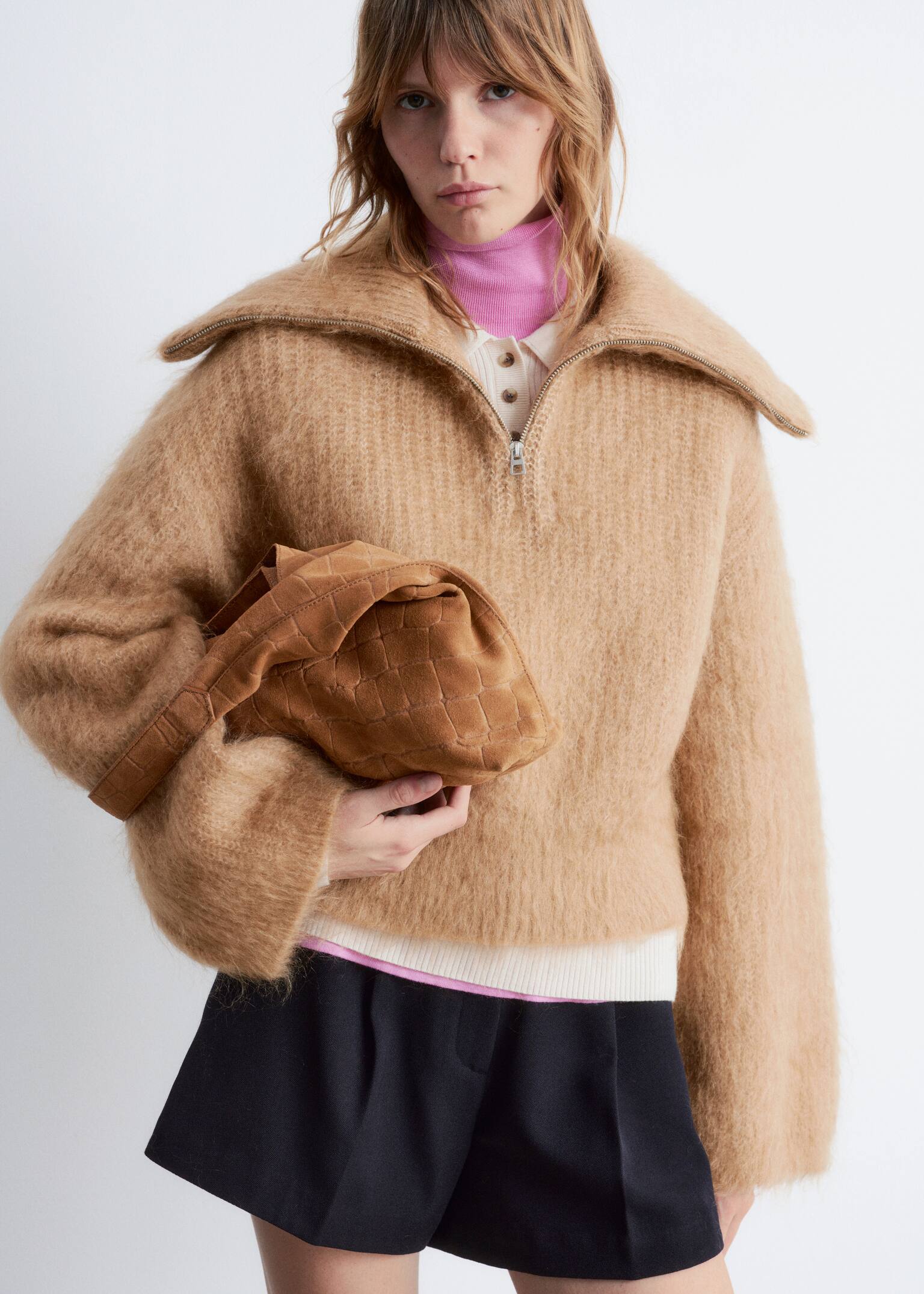 Small Suede Croco Tote Bag - Dark Beige - 6