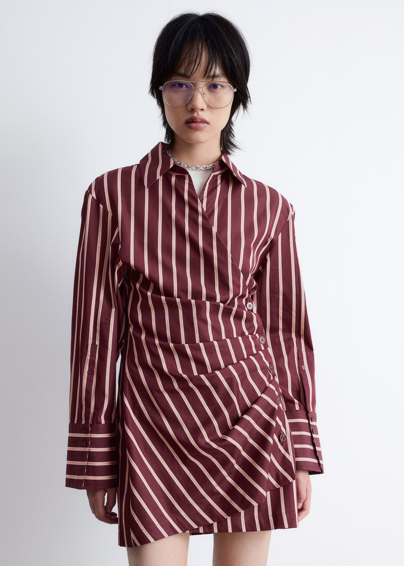 Rochie mini tip cămașă petrecută - Dungi Roșu Închis/Roz/Albastru Deschis/Maro Dungi/Negru/Dungi albastre - 4