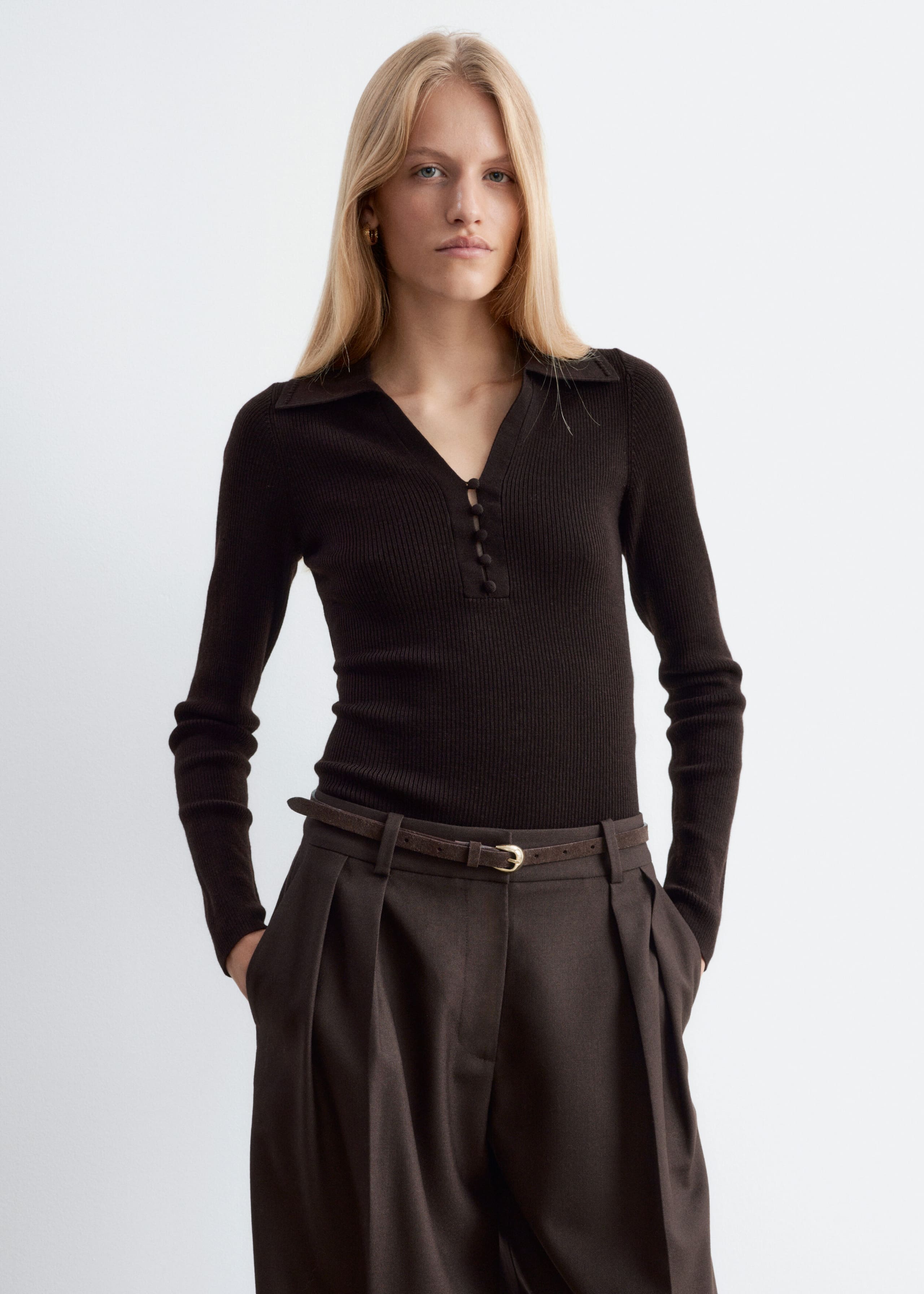 Button-Detail Wool Top - Dark Brown - Lookbook