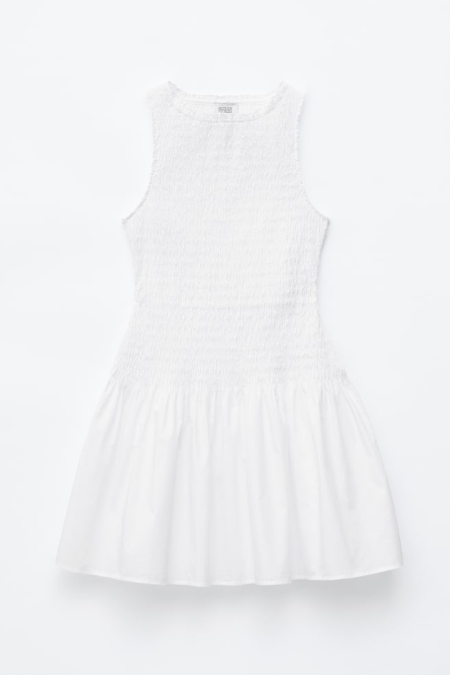 Smocked Cotton Poplin Mini Dress - White/Red/Dark Brown - 1