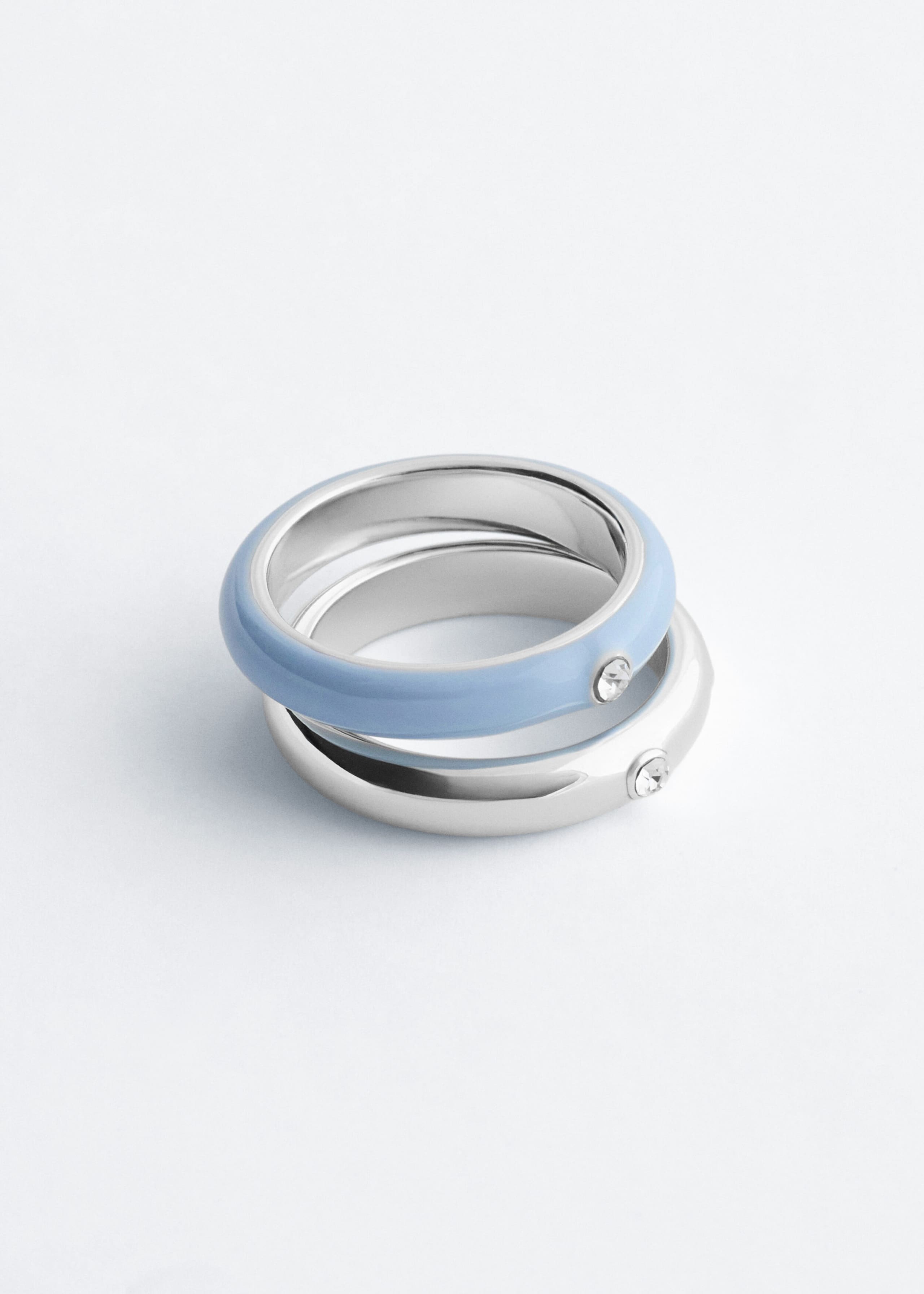 Glass Detail Brass Ring Set - Silver/Blue - Still Life