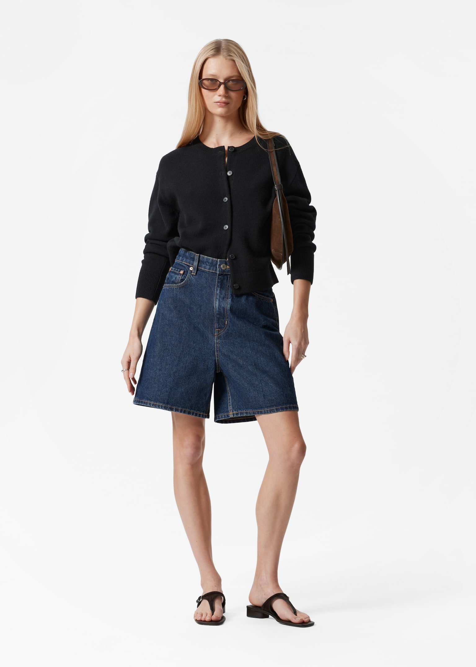 Wide-Leg Denim Shorts - Medium Blue/Beige/Black