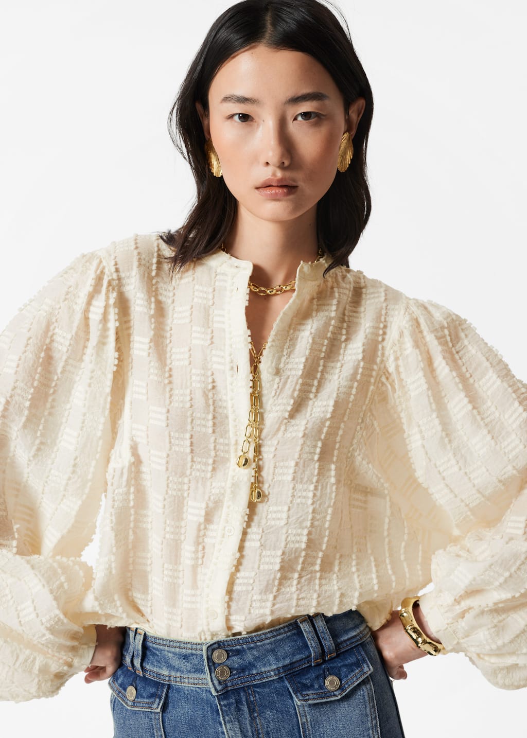 Image of Textured Voluminous Sleeve Blouse