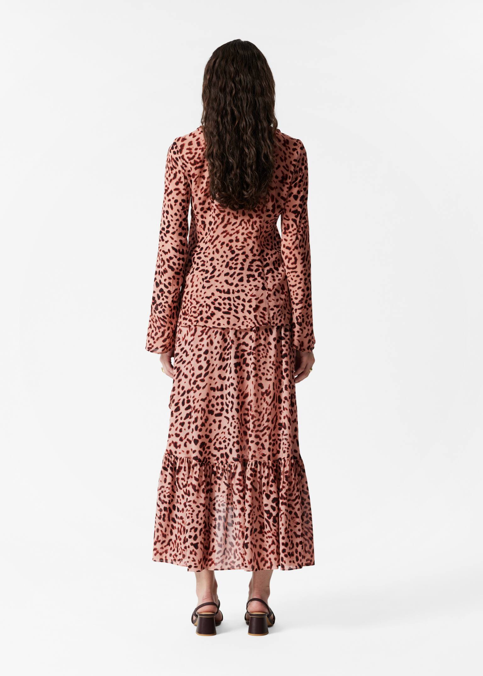 Blouse à col en V et volants - Imprimé léopard/Rouge foncé - 3