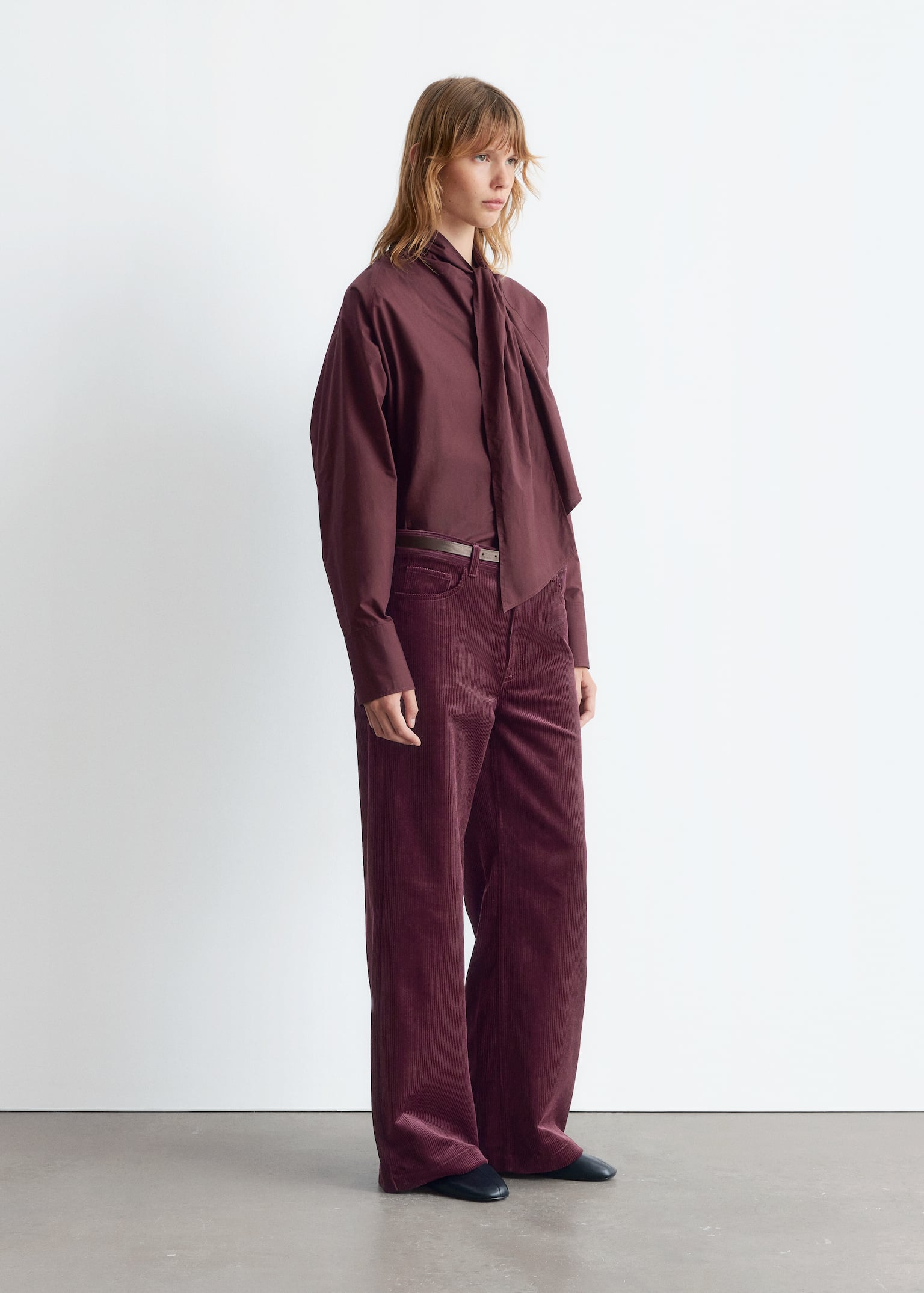 Scarf-Detail Shirt - Dark Red/Beige Stripes - 5