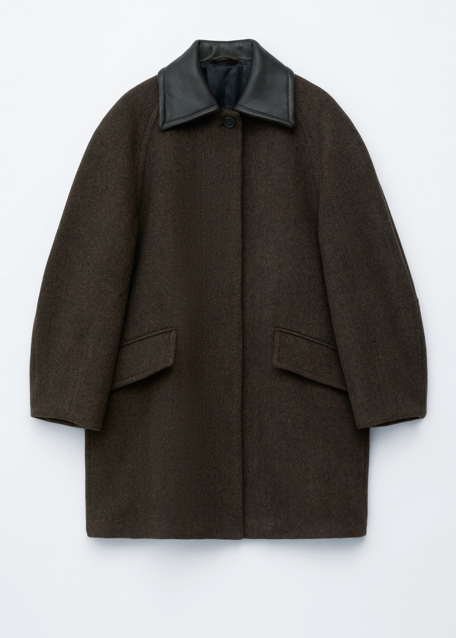 Oversized Leather-Collar Wool Coat - Dark Brown - 2