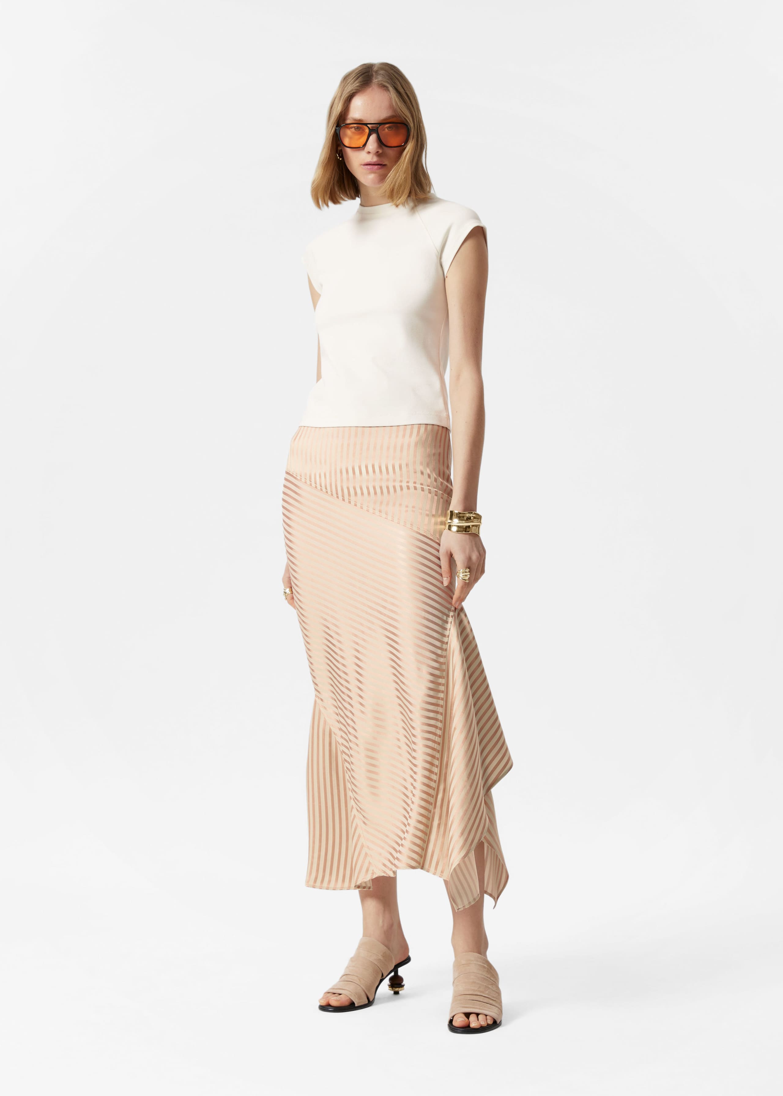 Flounced Pencil Midi Skirt - Beige/Pink - Lookbook
