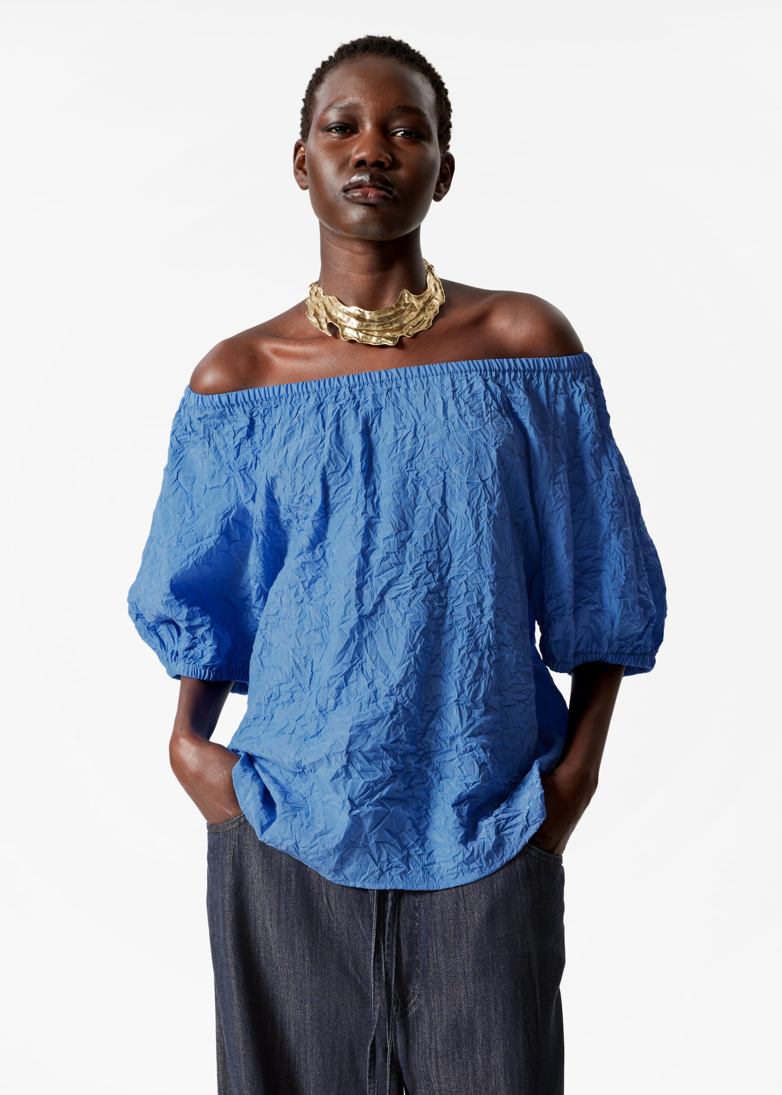 Textured Short-Sleeve Blouse - Blue/Beige
