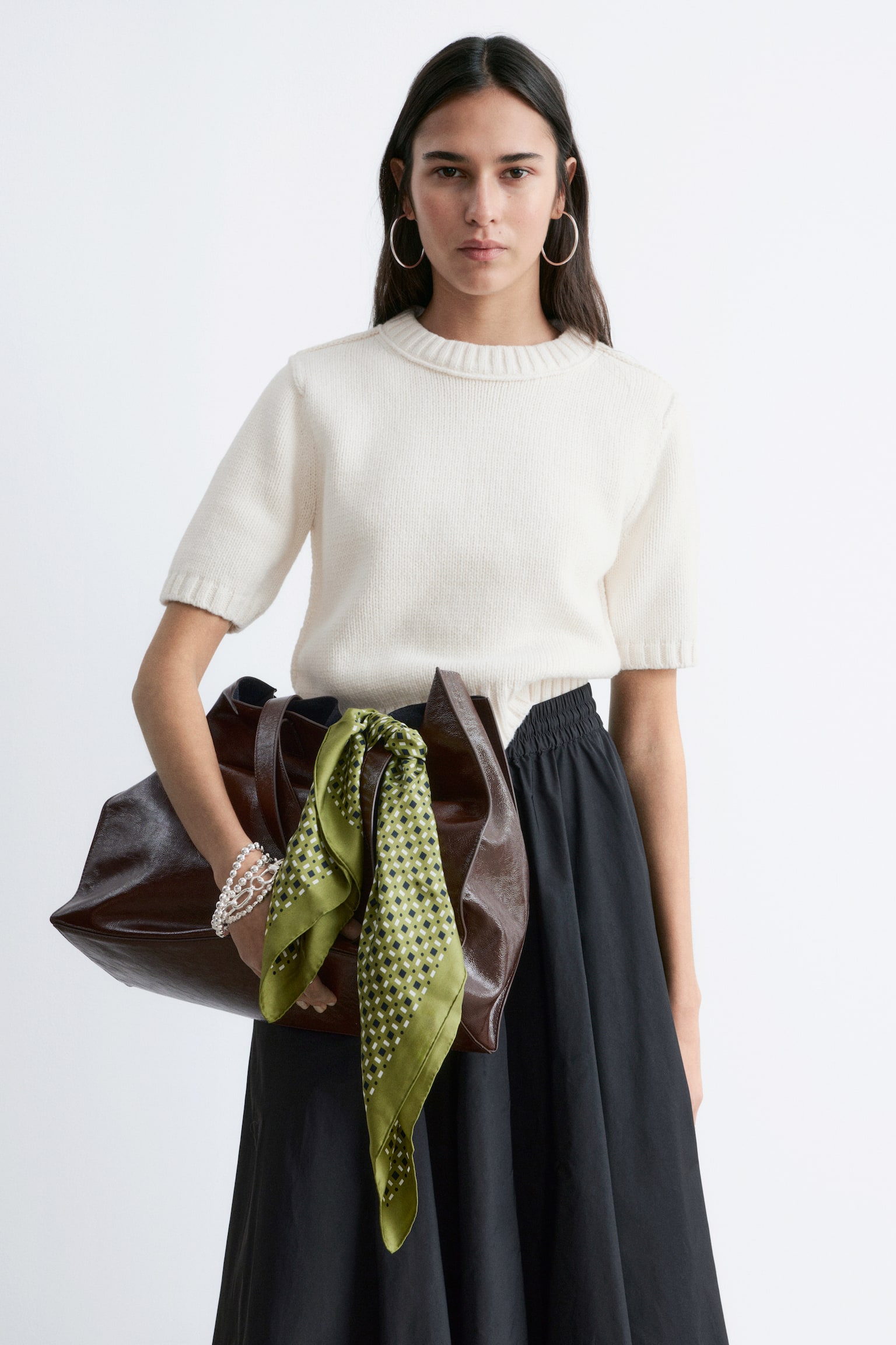 Трикотажна тениска с рипсена плетка - Бяло/Тъмно сиво меланж - 6