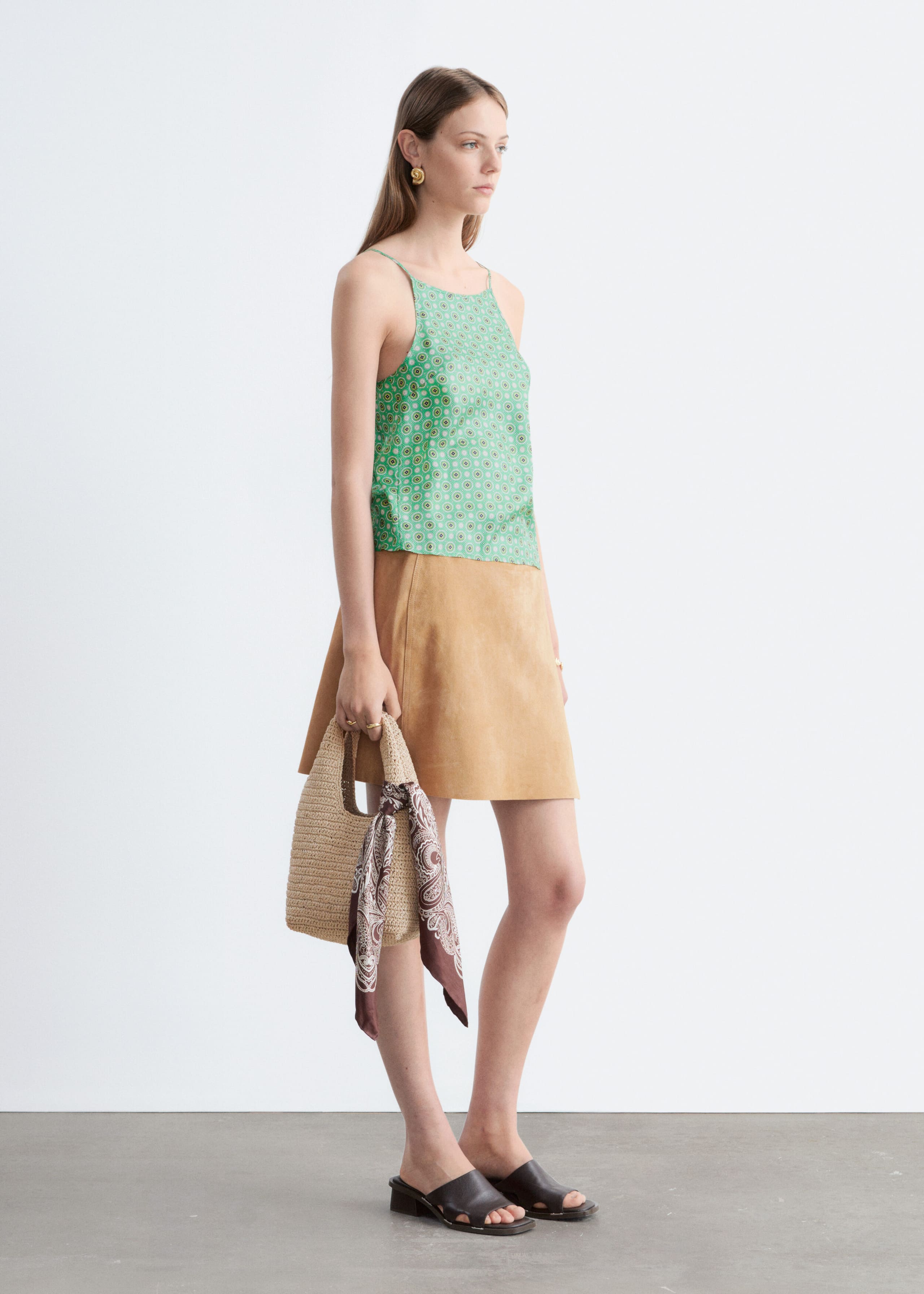 Contrast Binding Silk Top - Green/Print - Lookbook