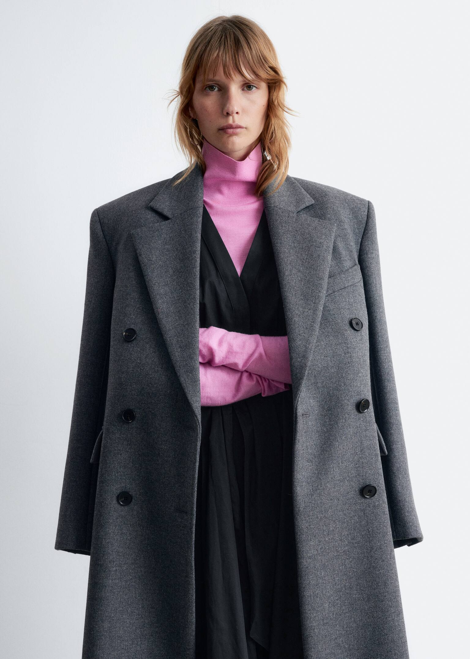 Long Wool Coat - Grijs gemêleerd/Zwart