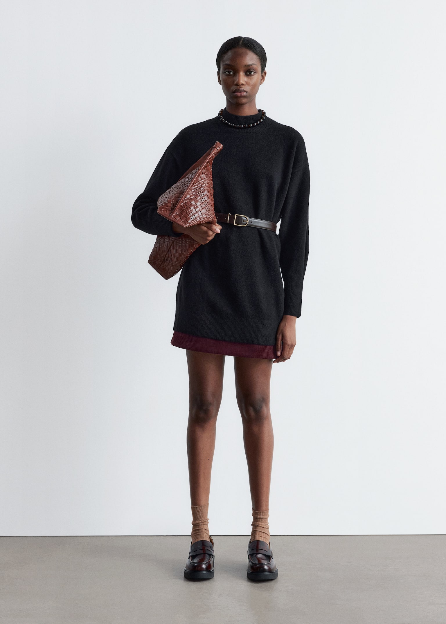 Belted Mini Knit Dress - Black/Grey - 6