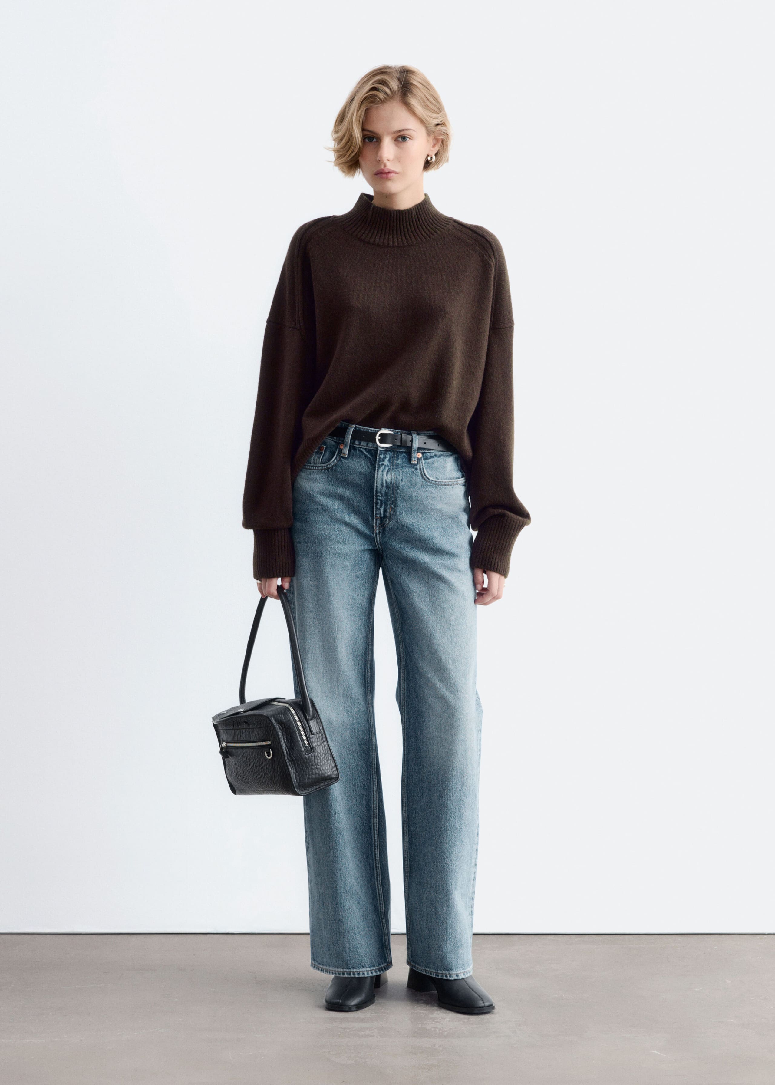 Mock-Neck Wool-Cotton Jumper Dark Brown