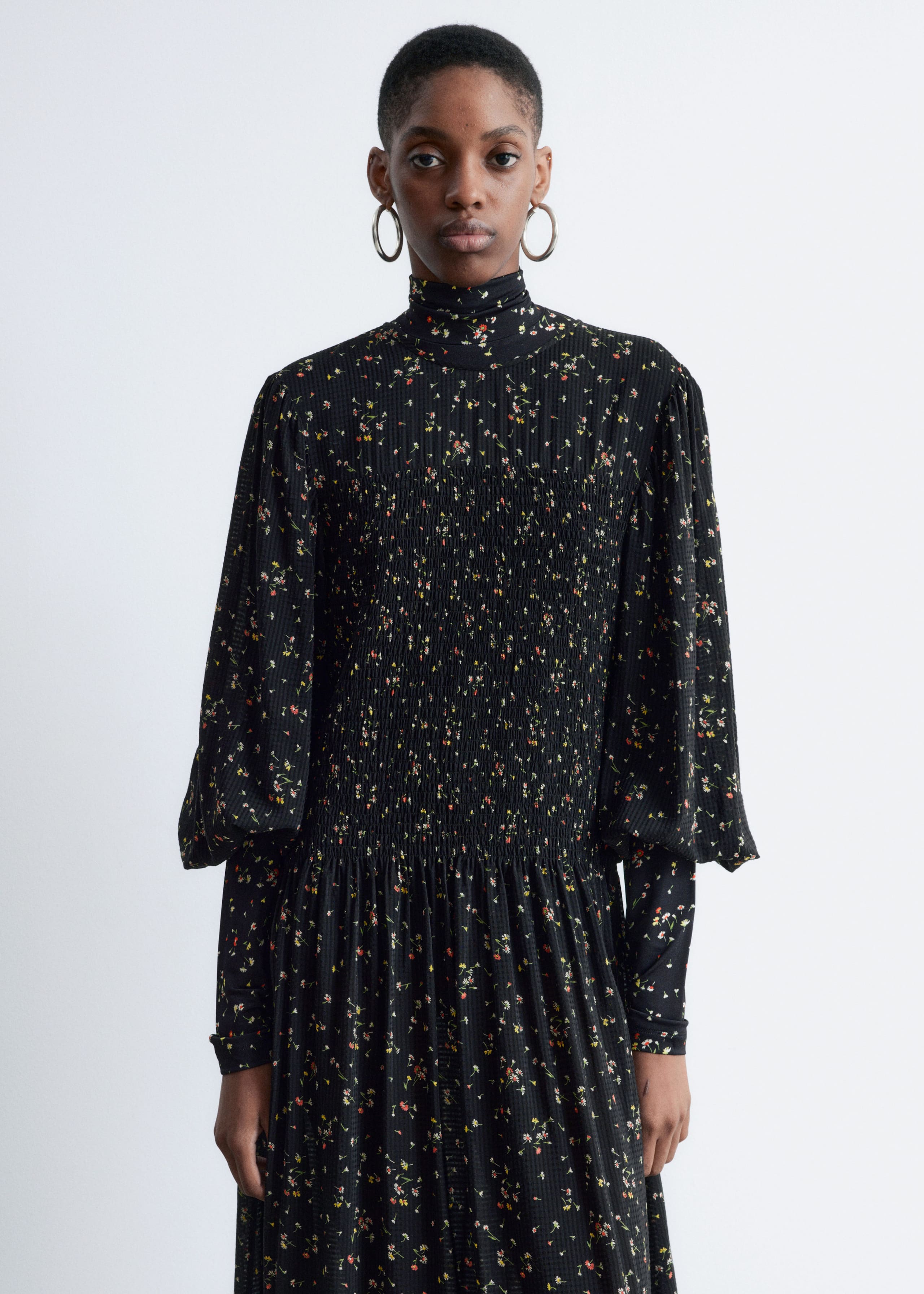 Image of Smocked Balloon-Sleeve Midi Dress