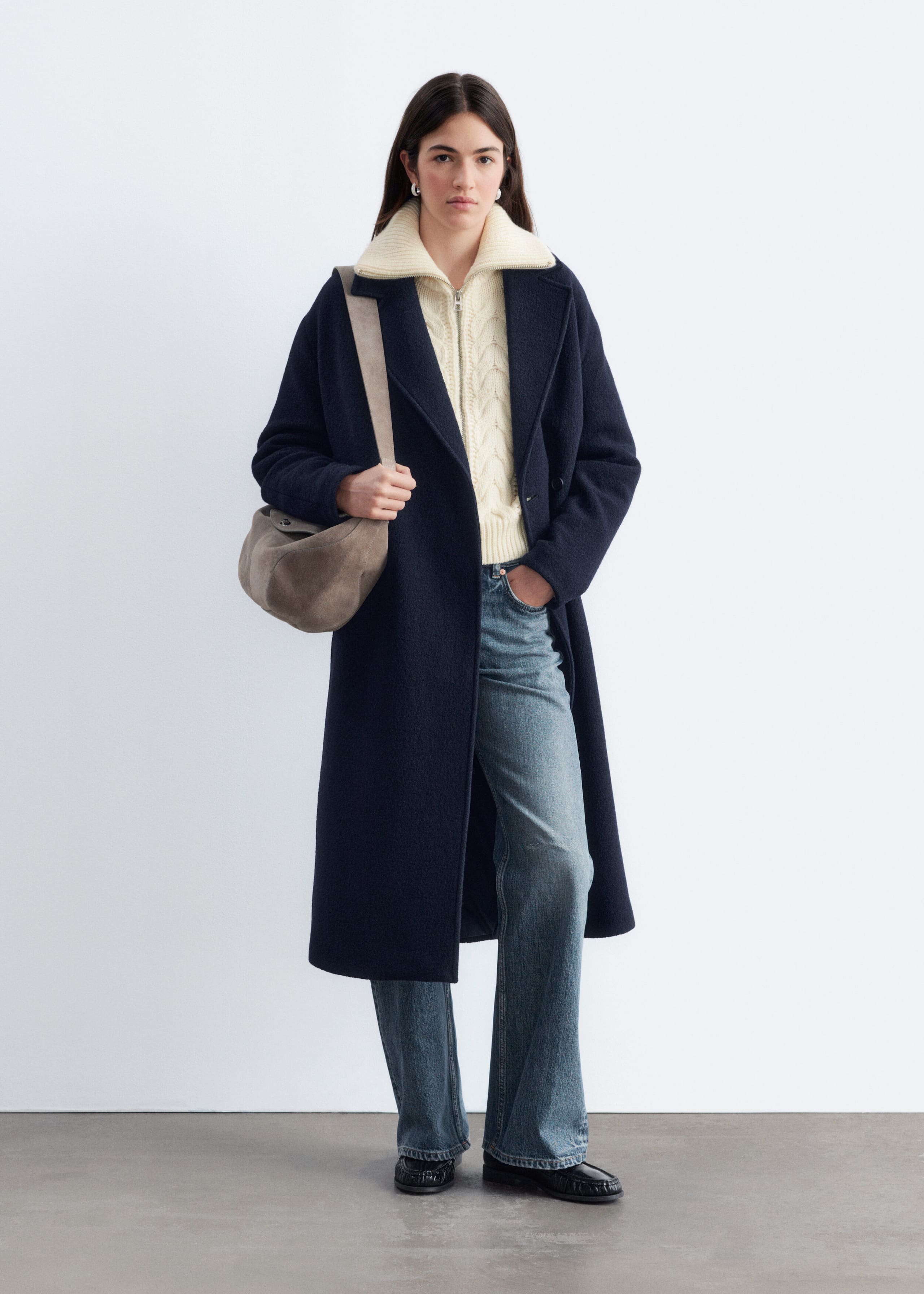Voluminous Belted Wool Coat - Navy - Lookbook