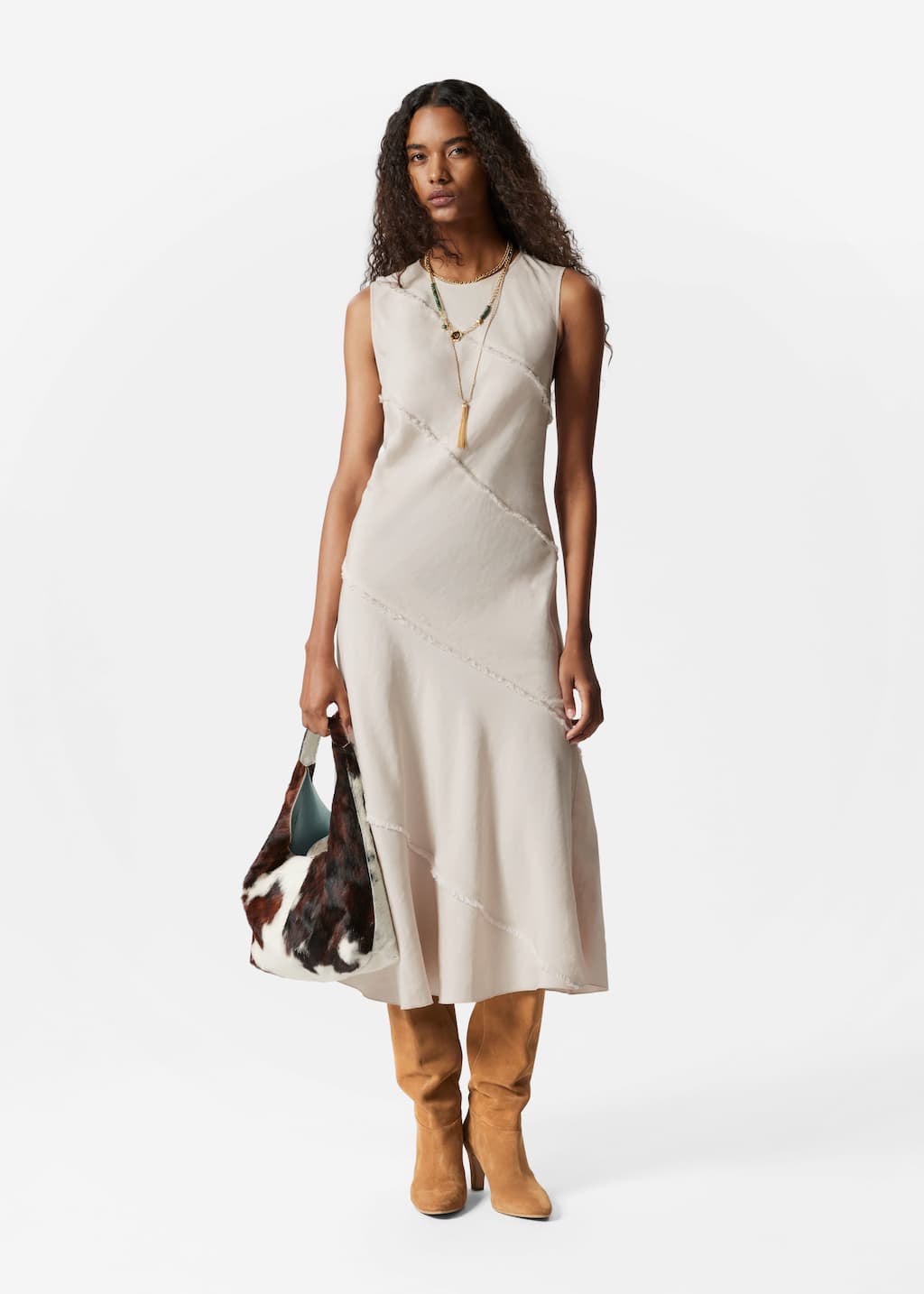 Robe midi trapèze sans manches - Beige - Lookbook
