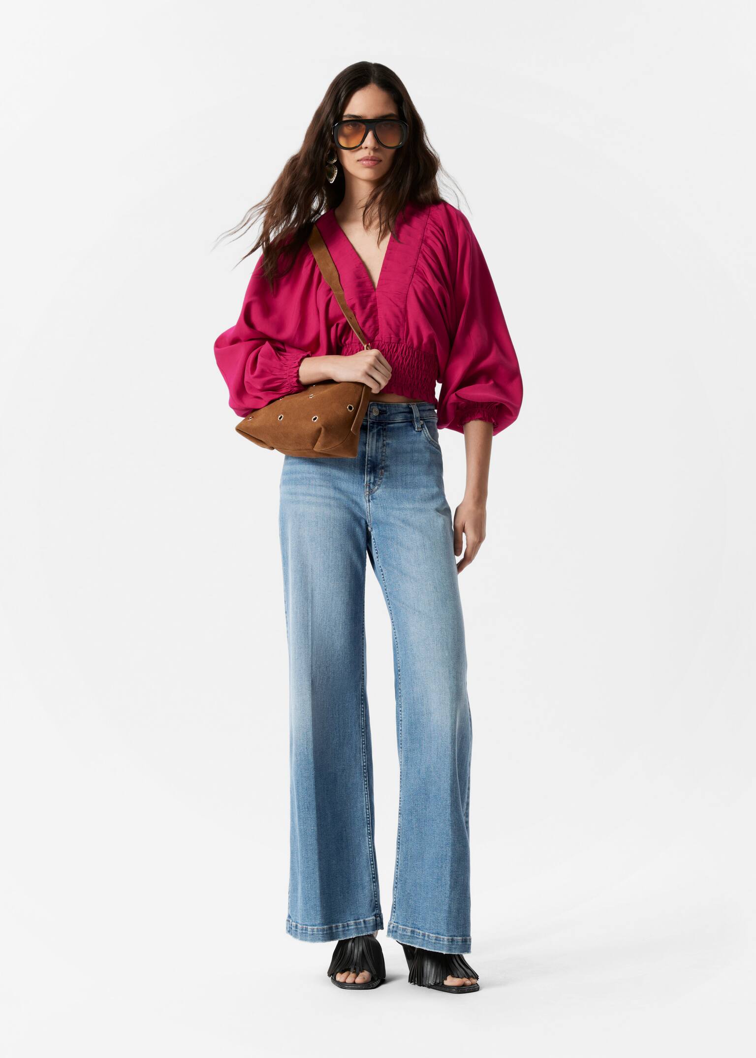 Blusa con maniche a sbuffo e lavorazione smock - Rosa scuro/Bianco - 4