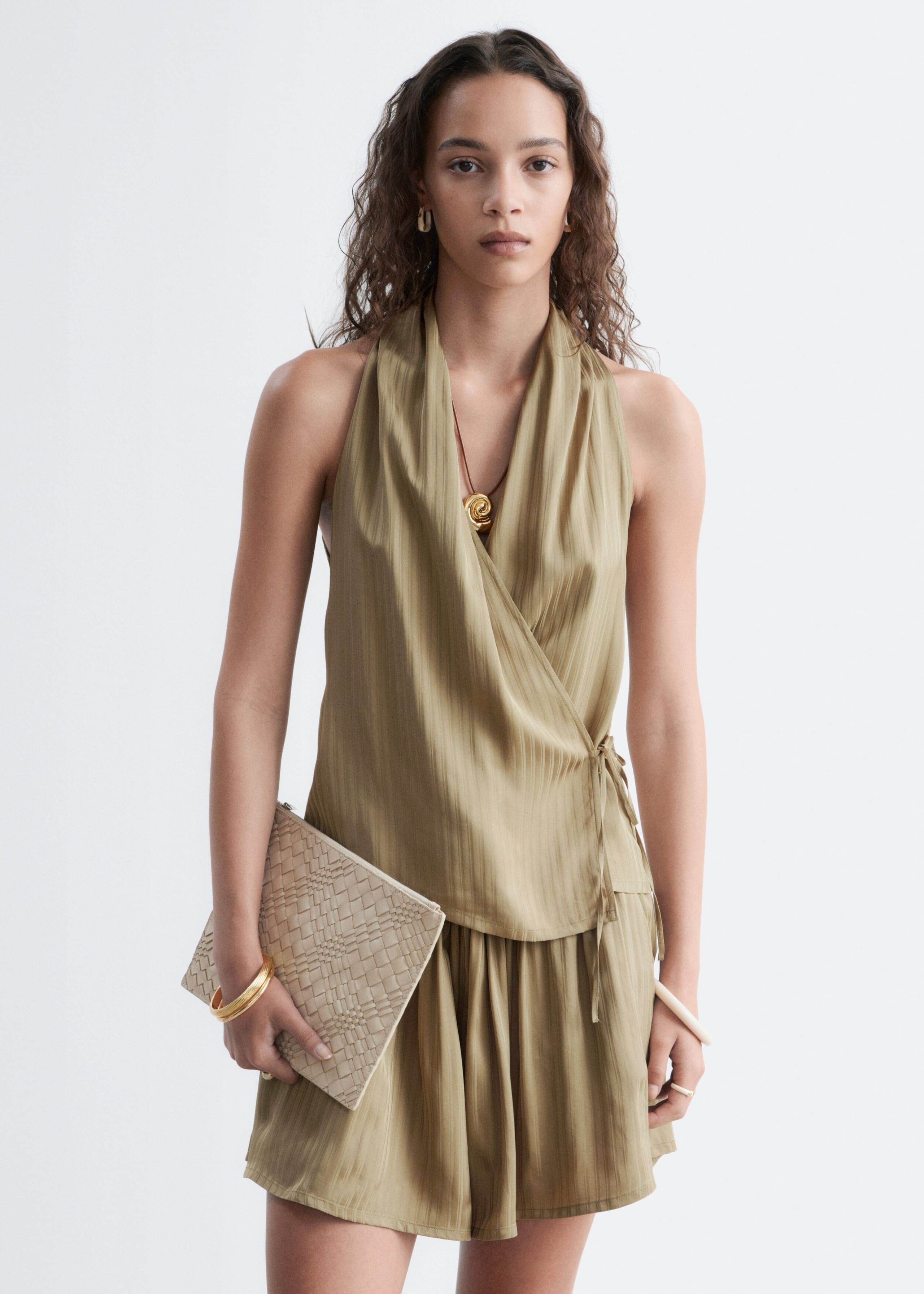 Pleated Neck Wrap Top - Dark Beige - Lookbook