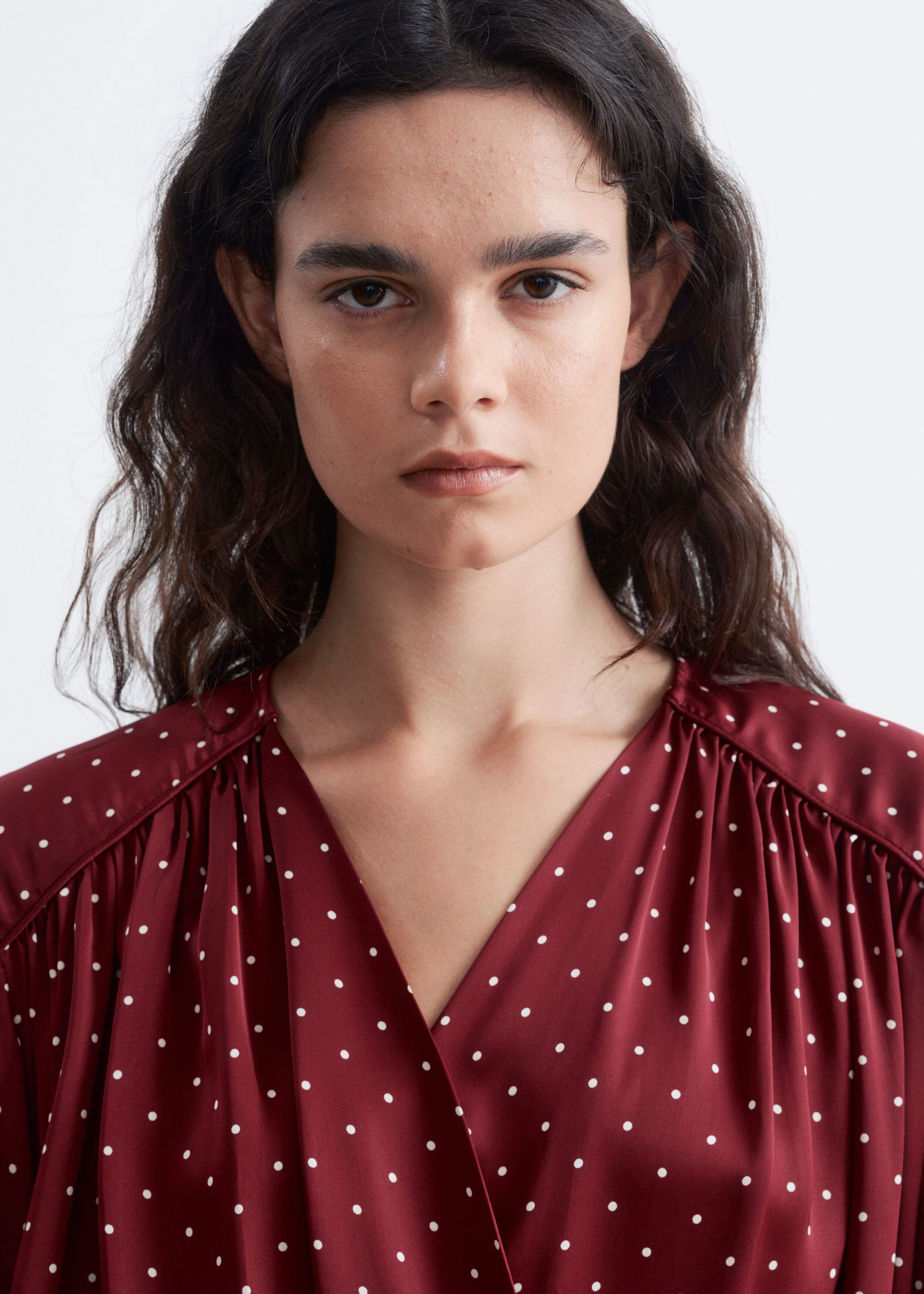 V-Neck Wrap Dress - Dark Red/Dots - Lookbook