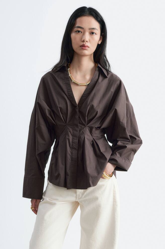 Camisa de algodón con cintura ajustada - Marrón oscuro/Azul oscuro/Azul/Blanco/Gris/Rosa/Blanco - 1