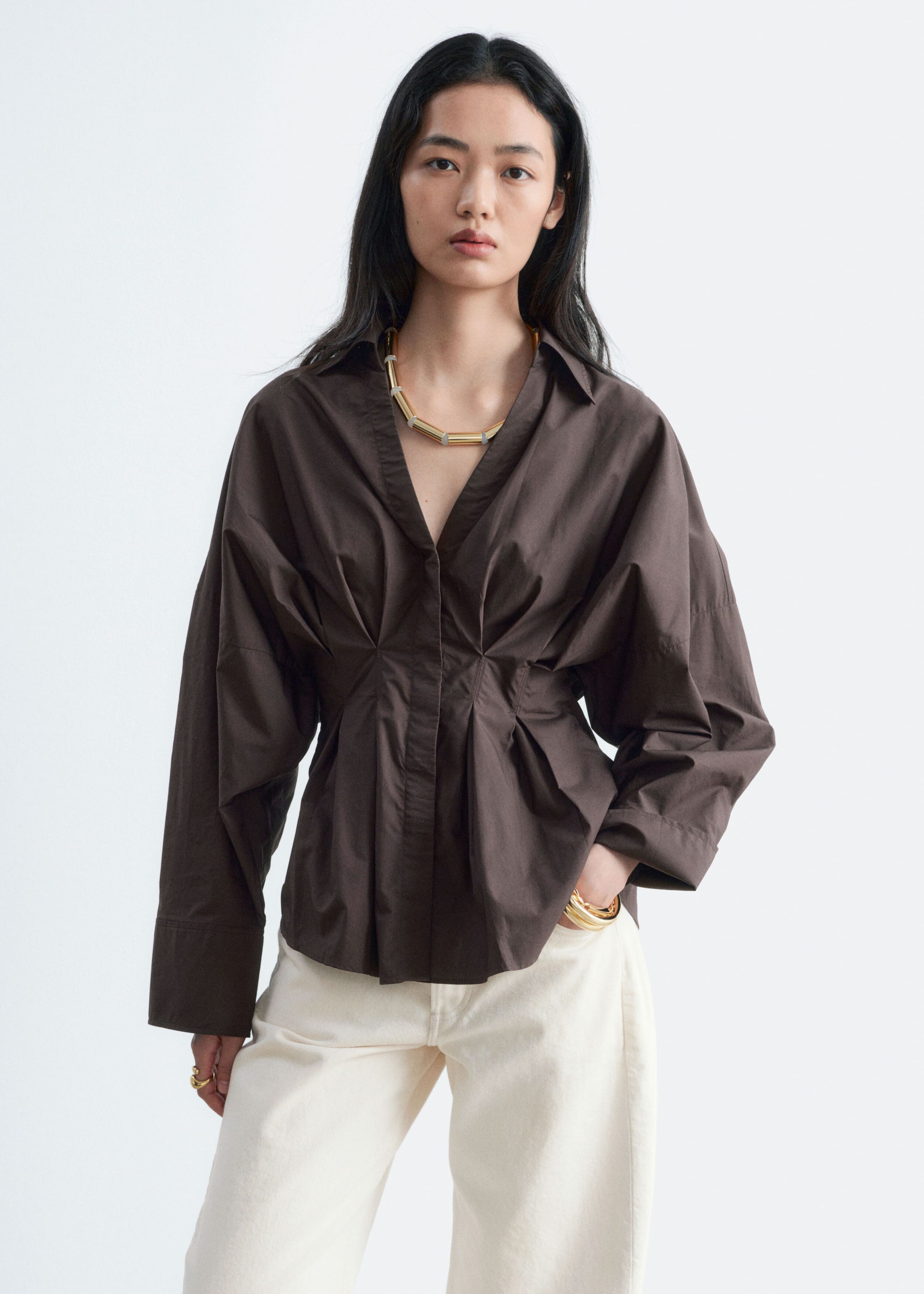 Fitted-Waist Cotton Shirt - Dark Brown - Lookbook