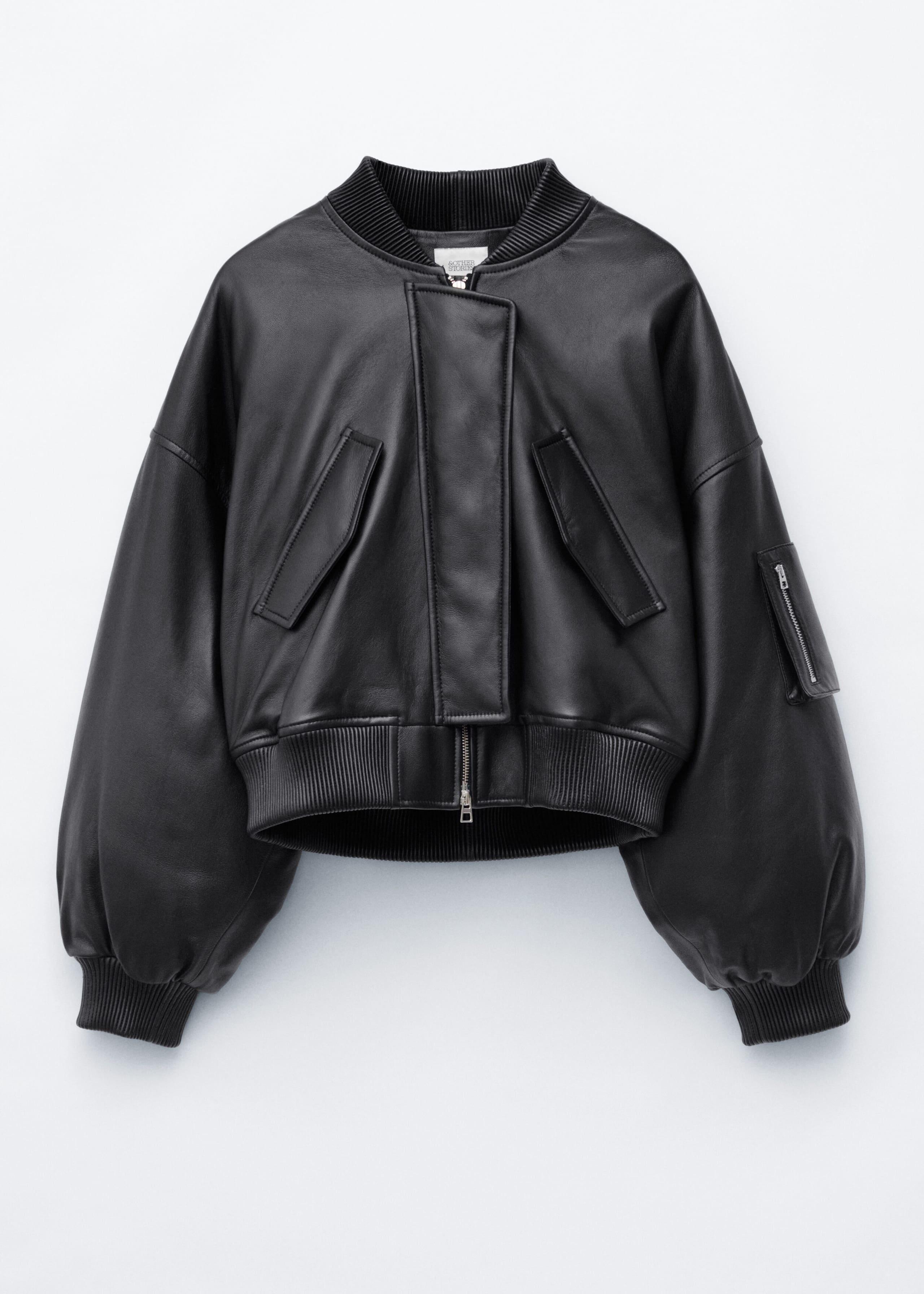 Cropped Leather Bomber Jacket - Black - Lookbook