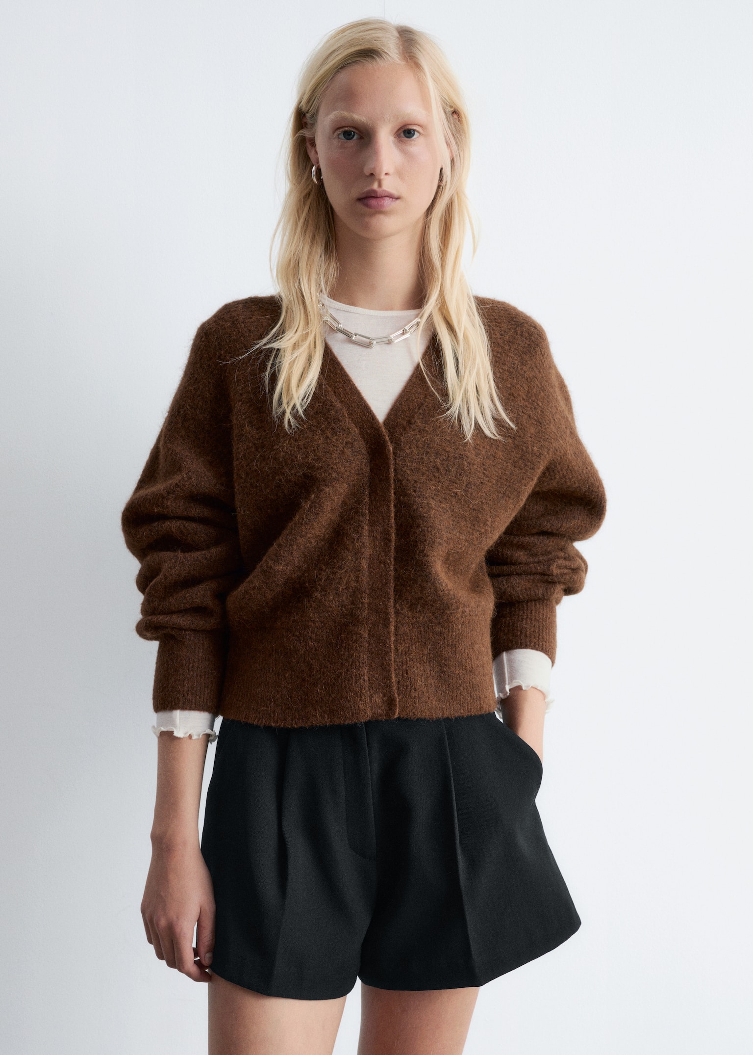 Cardigan cropped in misto alpaca - Marrone/Viola chiaro
