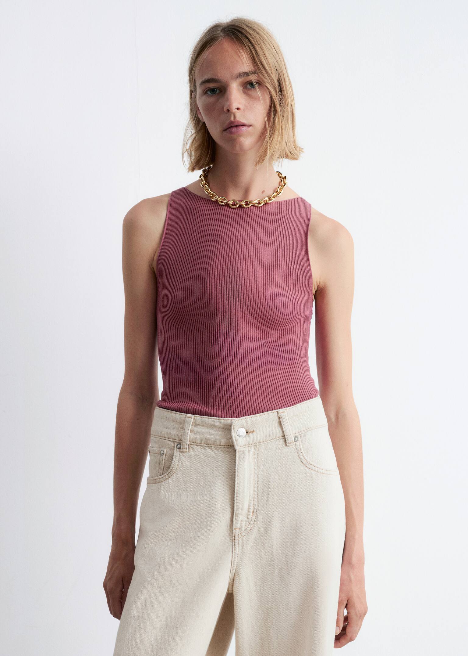 Rib-Knit Tank Top - Mauve/White