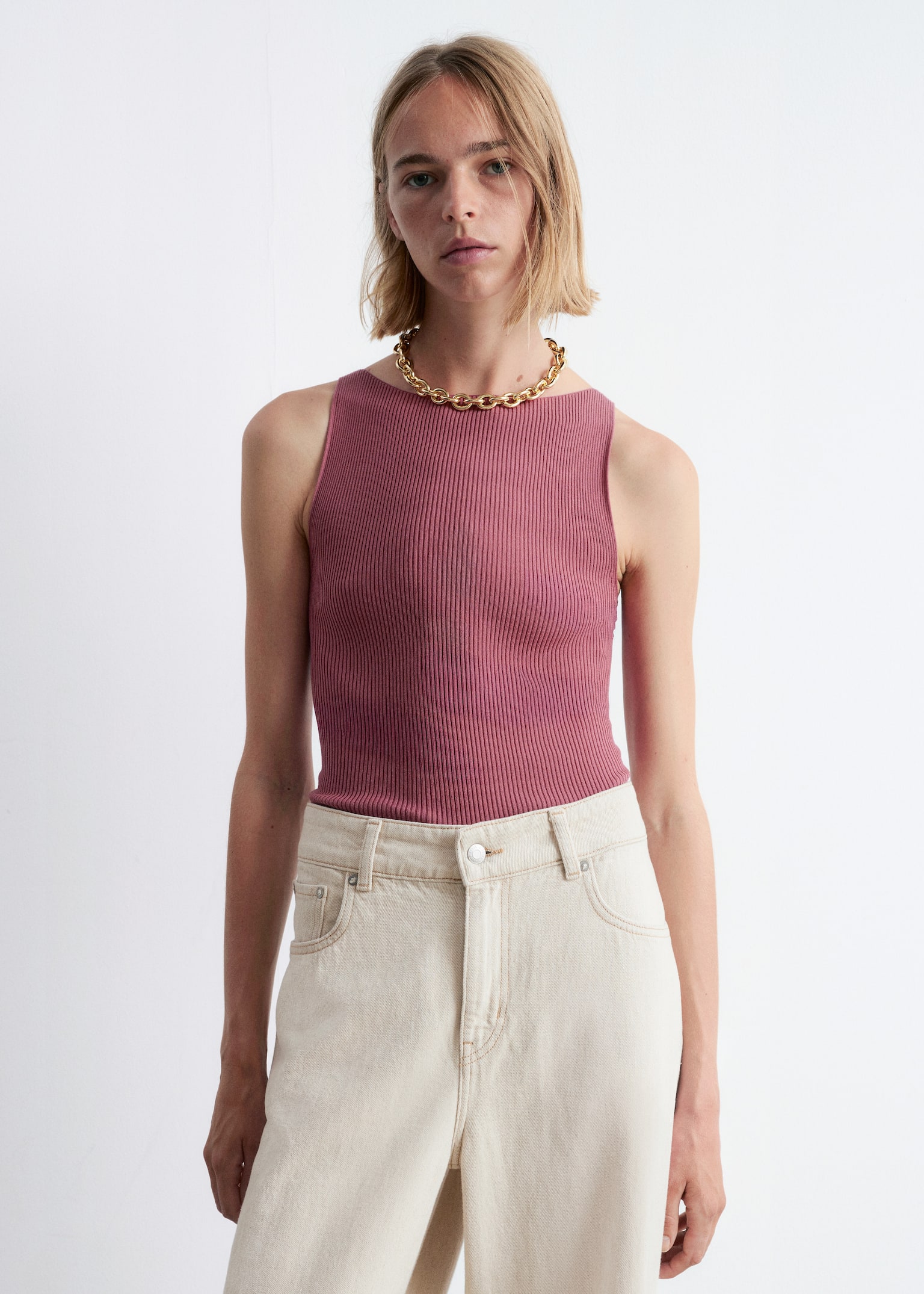 Rib-Knit Tank Top - Mauve/Red/Dark Brown