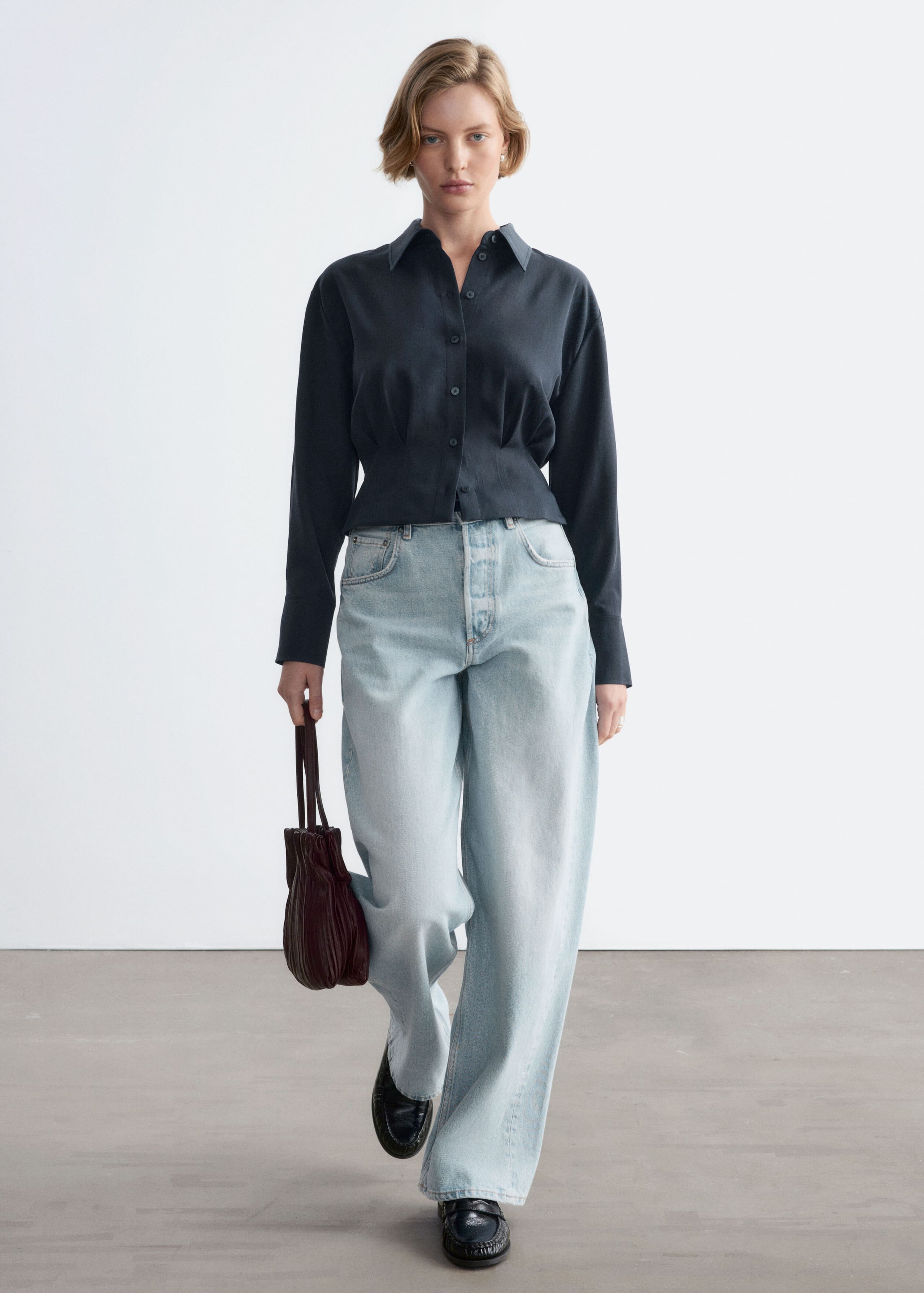 Overhemd met geplooide taille - Donkerblauw - Lookbook