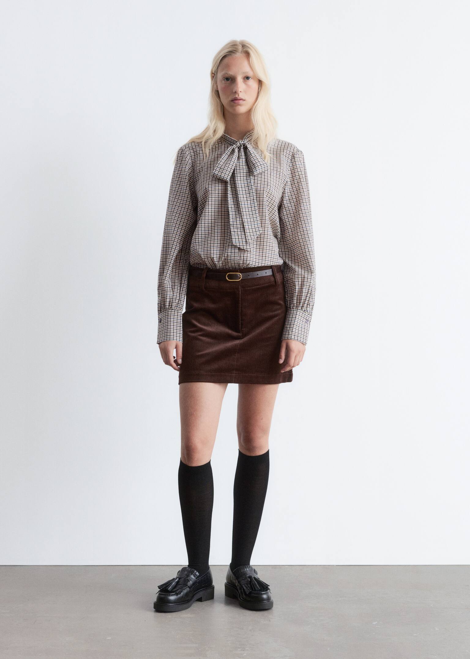Silk-Blend Bow-Detail Blouse - Greige Checked - 4