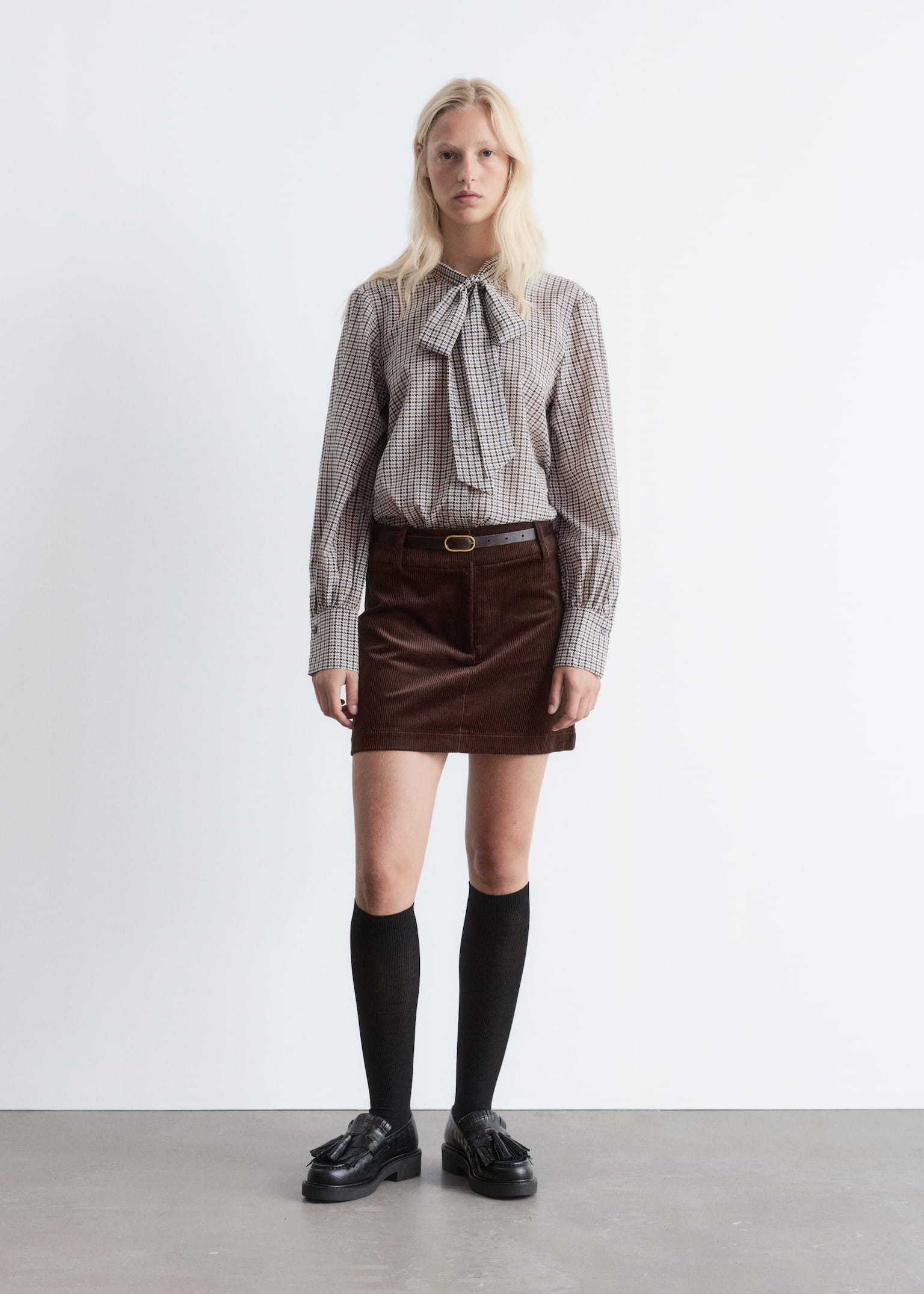 Silk-Blend Bow-Detail Blouse - Greige Checked - 4