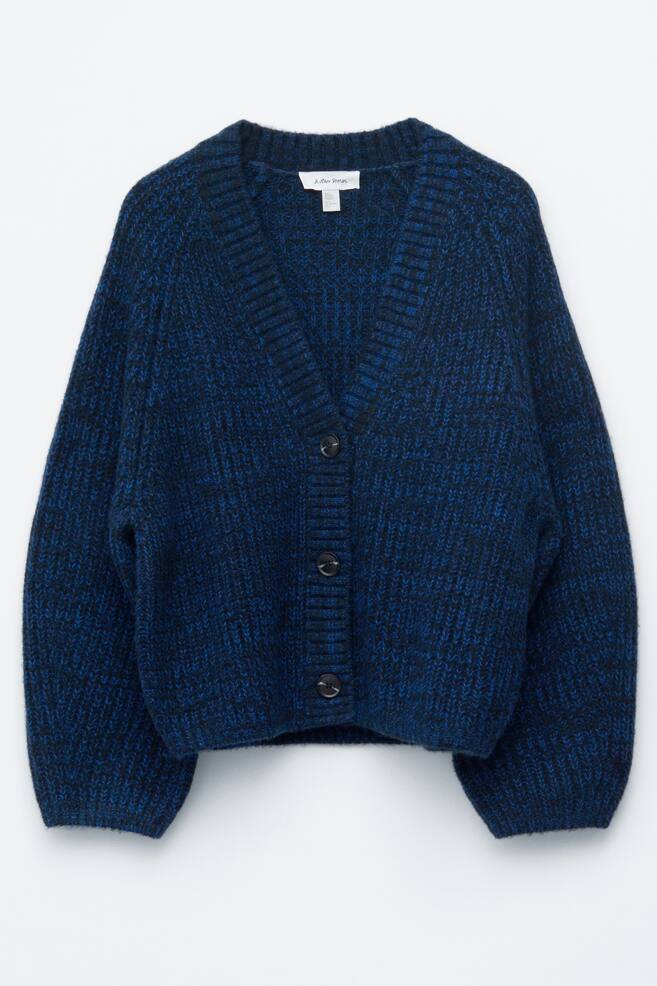 A mélange blue and black knit cardigan is showcased from the front, featuring a V-neck and a button-front fastening with four dark round buttons. It displays a visible knit texture, ribbed cuffs, and a ribbed hem. - 1