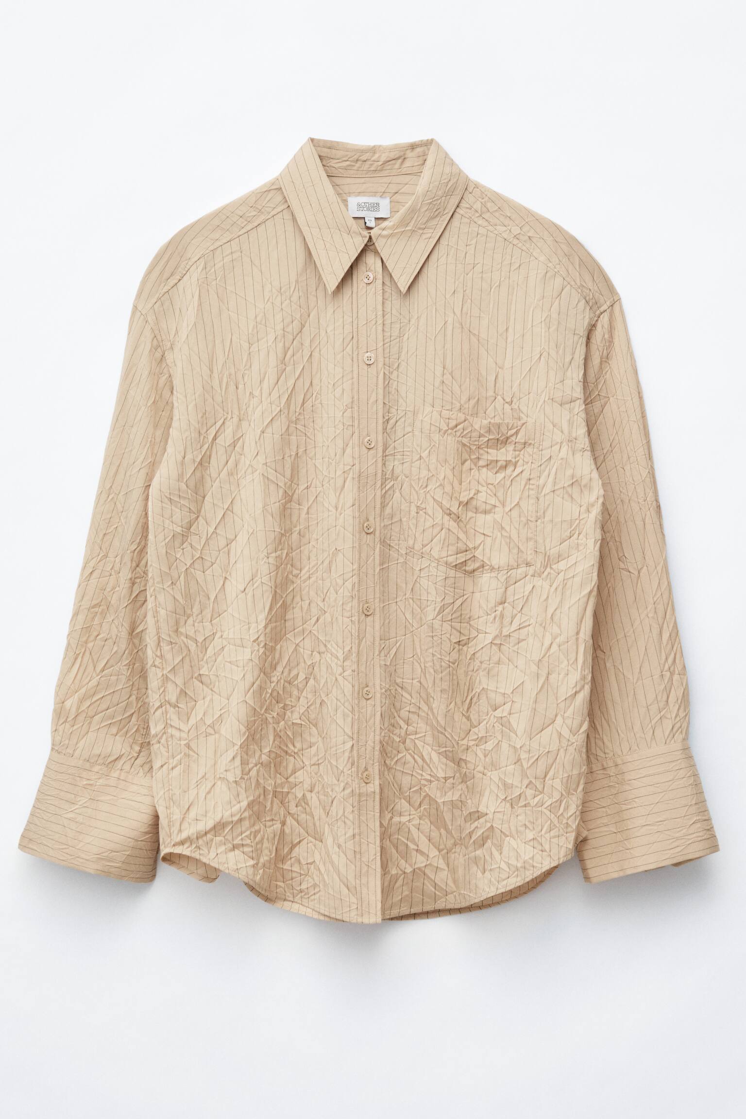 Crinkled Oversized Shirt - באז' - 1
