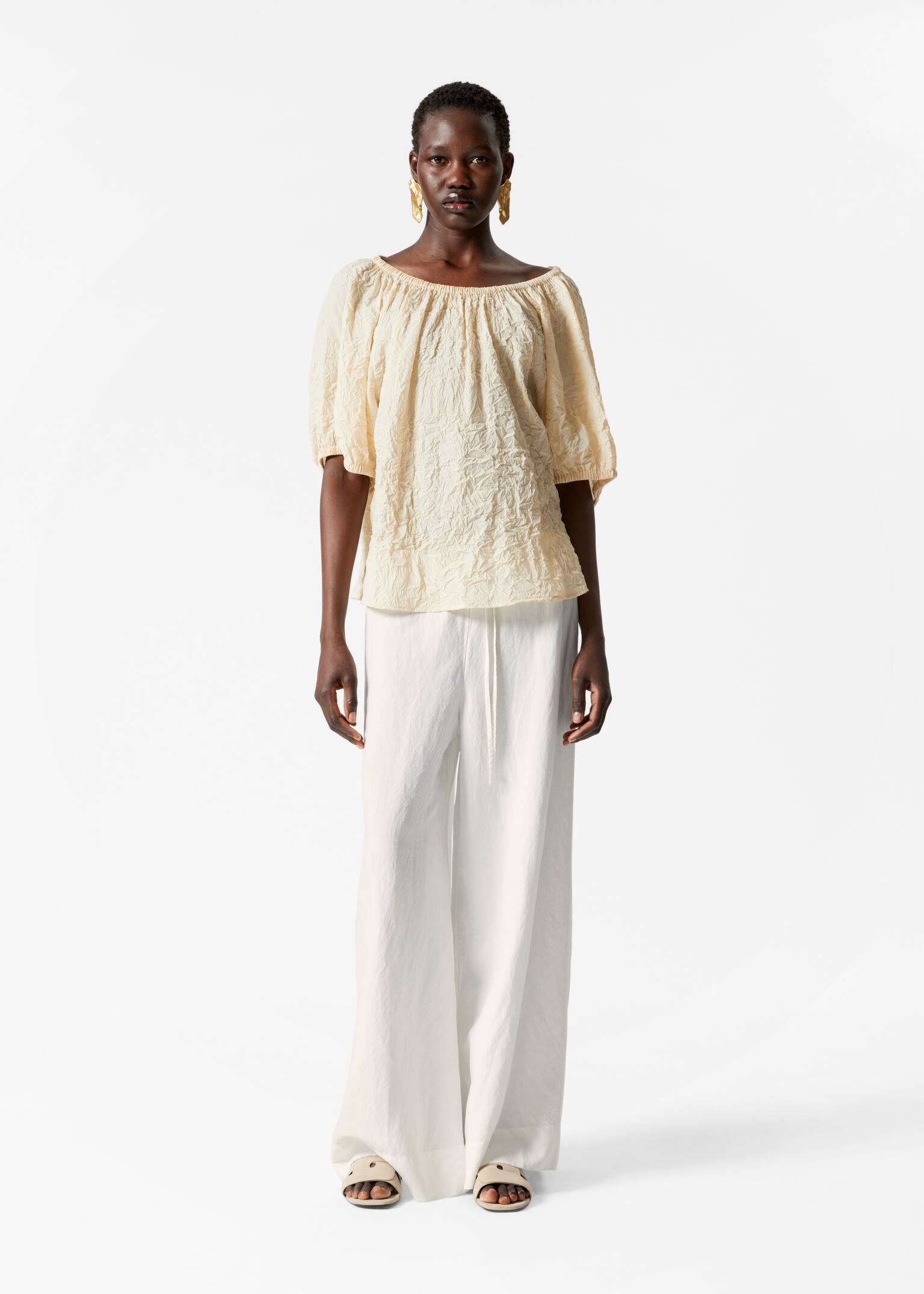 Textured Short-Sleeve Blouse - Bej/Albastru - 3