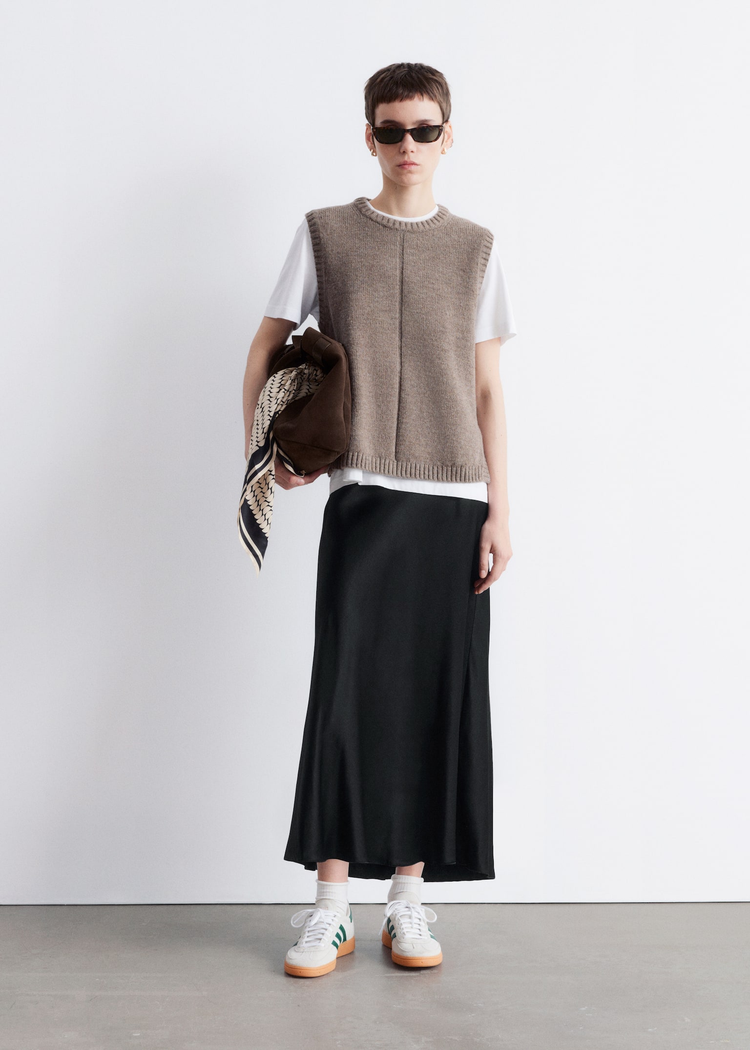 Satin Midi Skirt - Black/Dark Brown