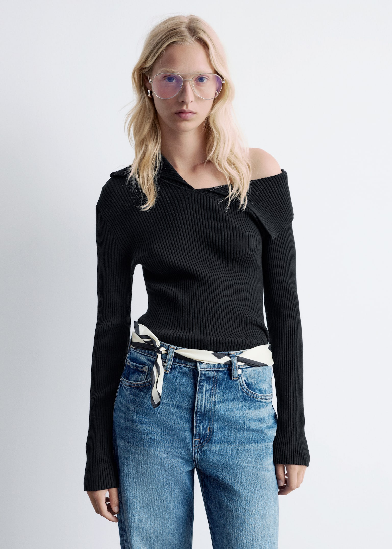 Rib-Knit Off-Shoulder Top - Black/White
