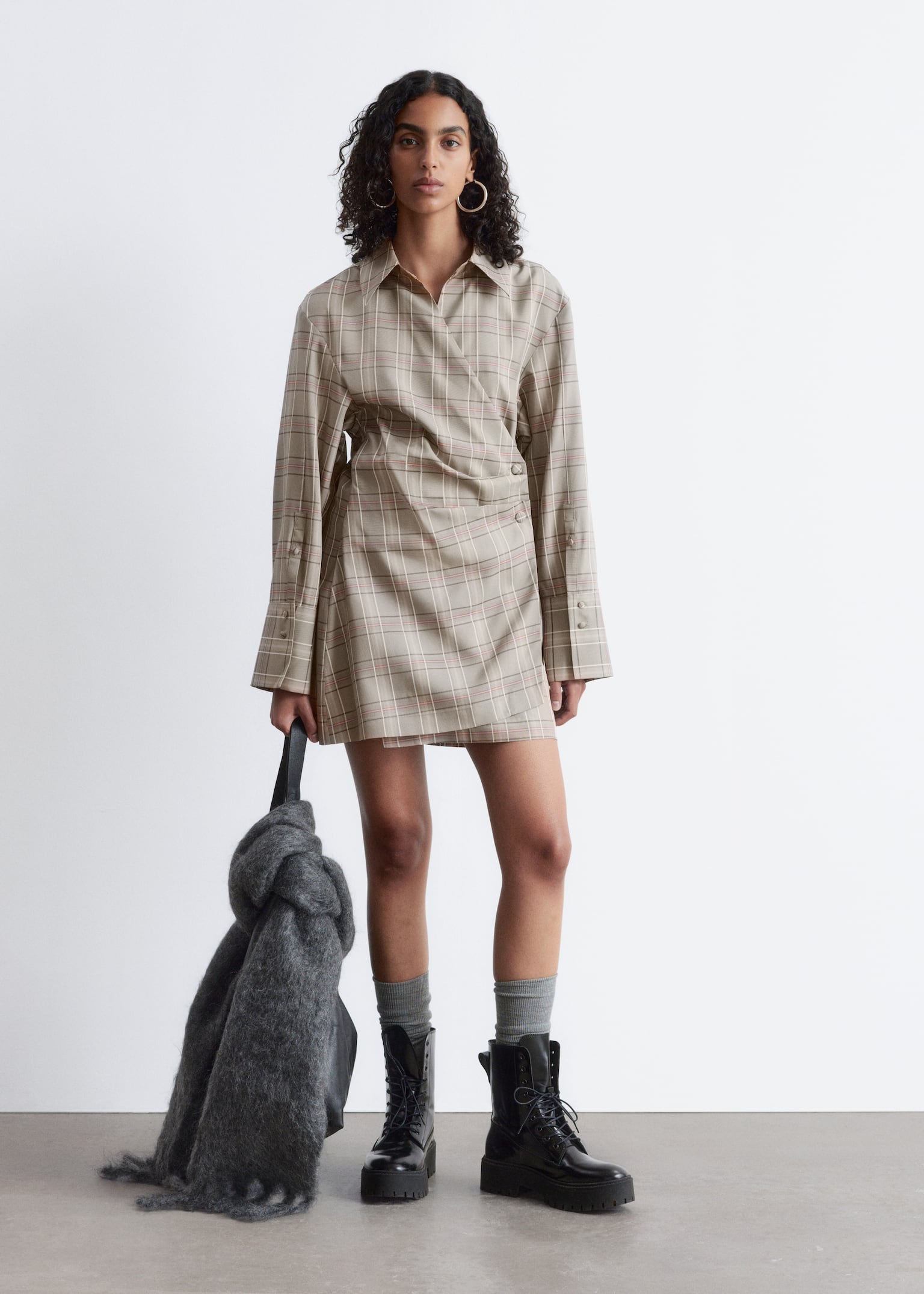 Wrap Shirt Mini Dress - Grøn/beigeternet