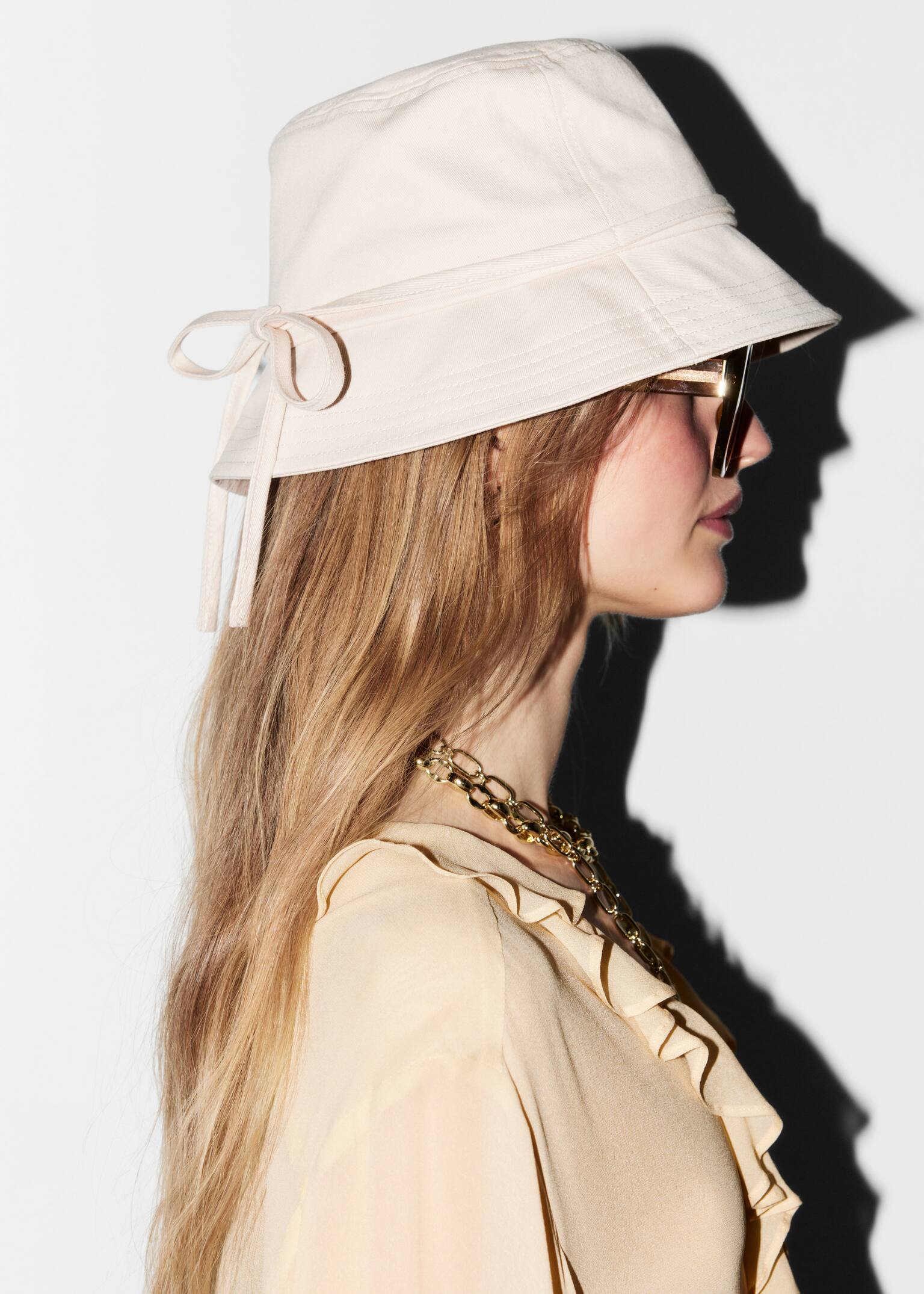 Pălărie tip găleată cu fundă - Crem/Denim - 3