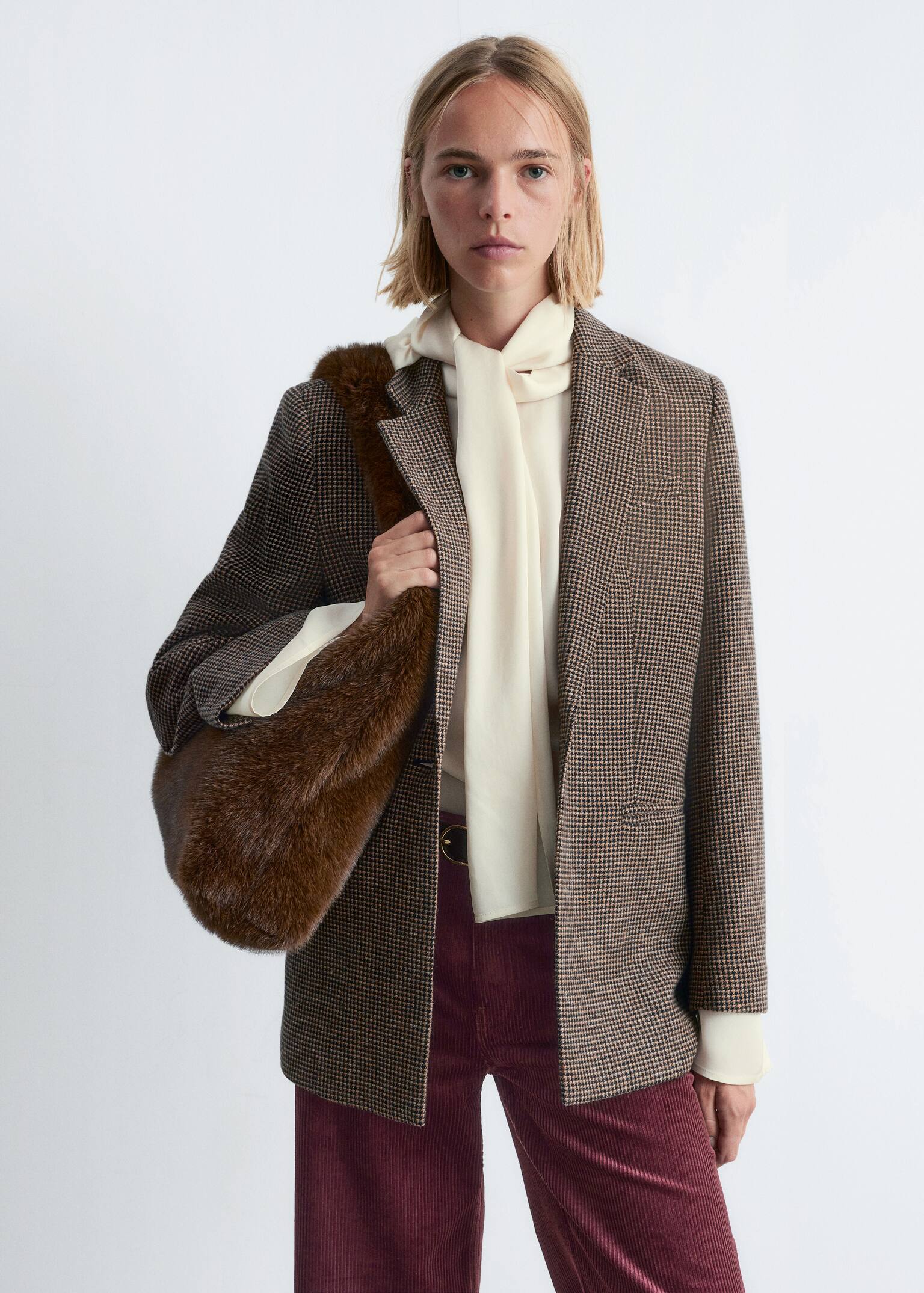 Wollblazer - Braunes Hahnentrittmuster/Grauer Tweed