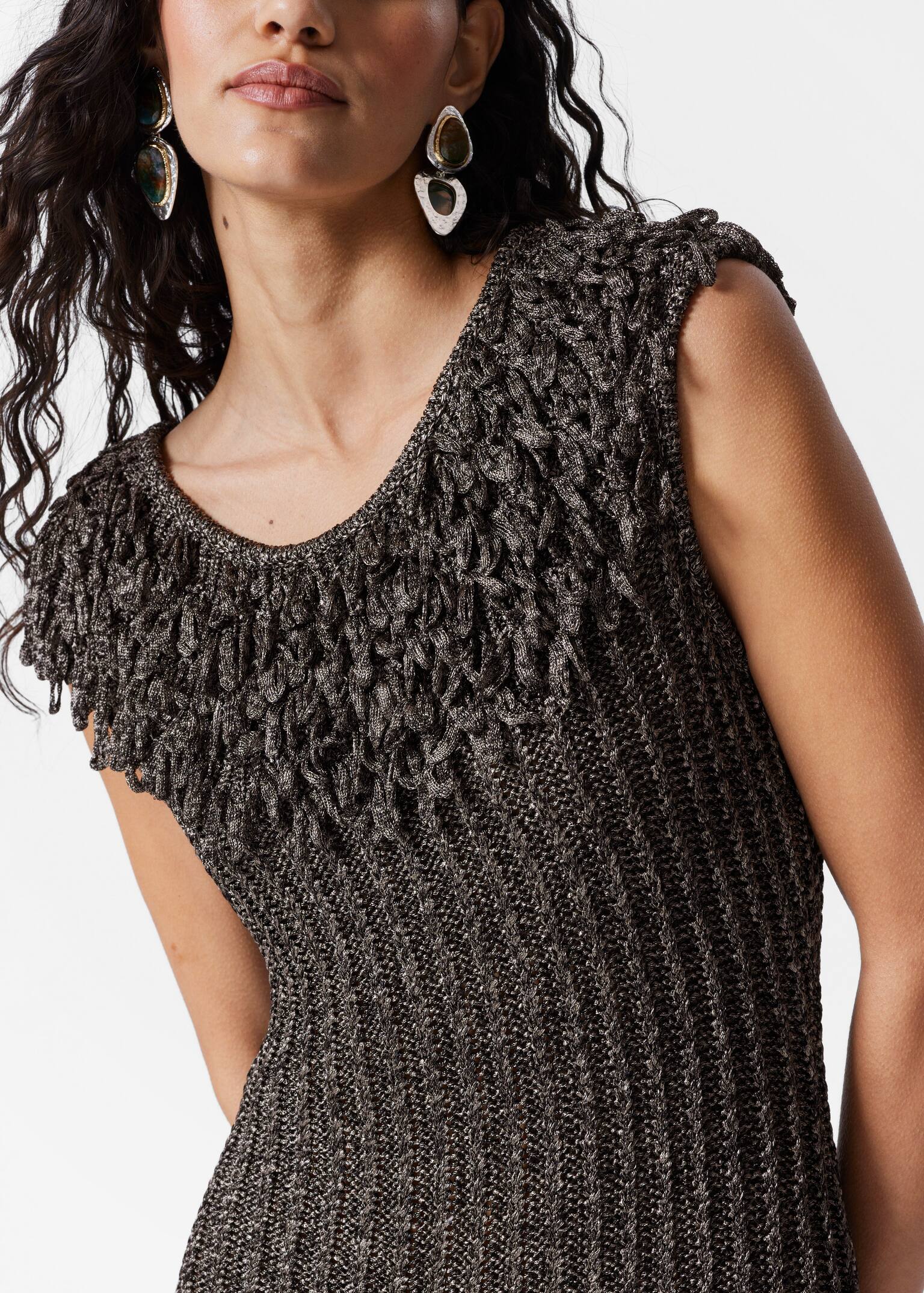 Abito midi in maglia a coste con frange - Grigio metallizzato - 5