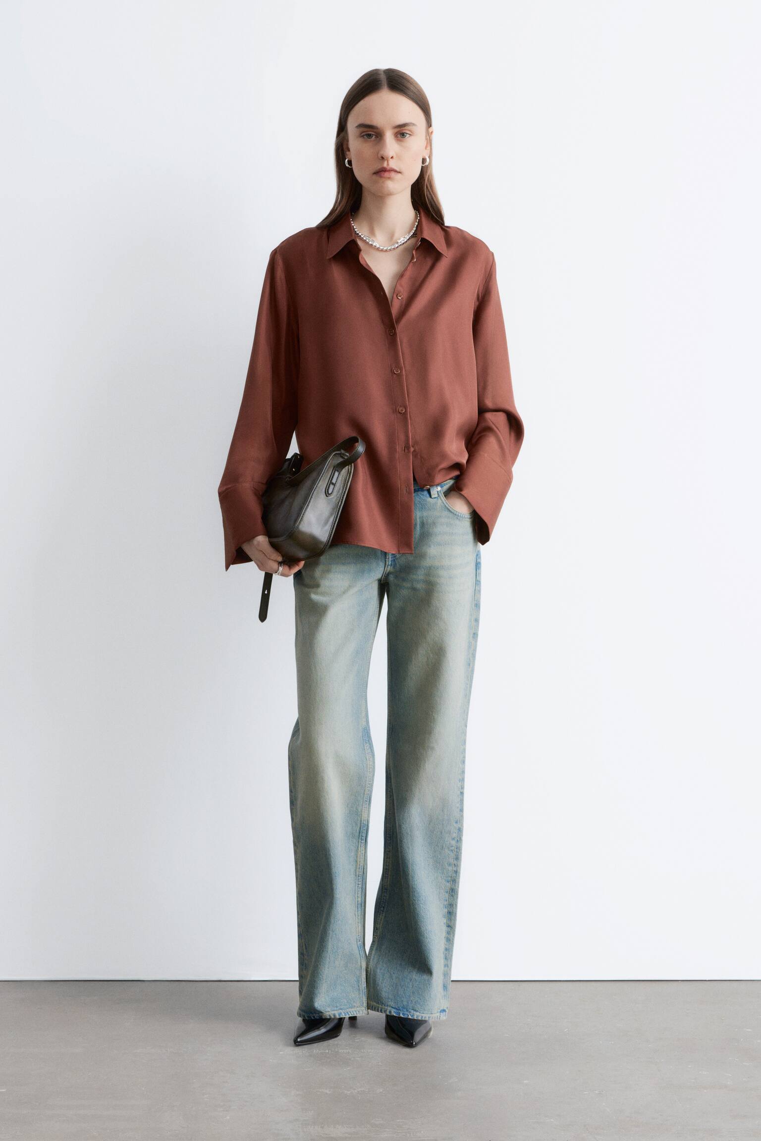 Luźna jedwabna koszula - Brązowy/Brązowy/białe groszki/Ciemnoniebieski - 6