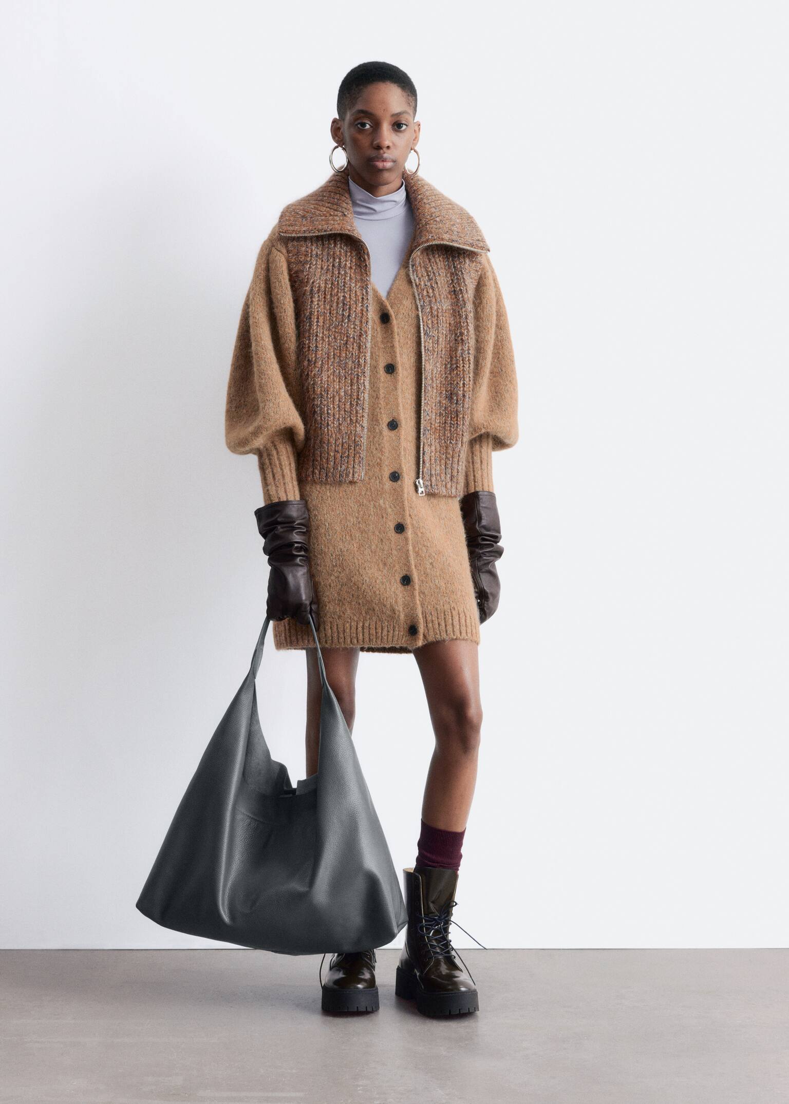 Knitted Zip-Up Vest - Brown - 3