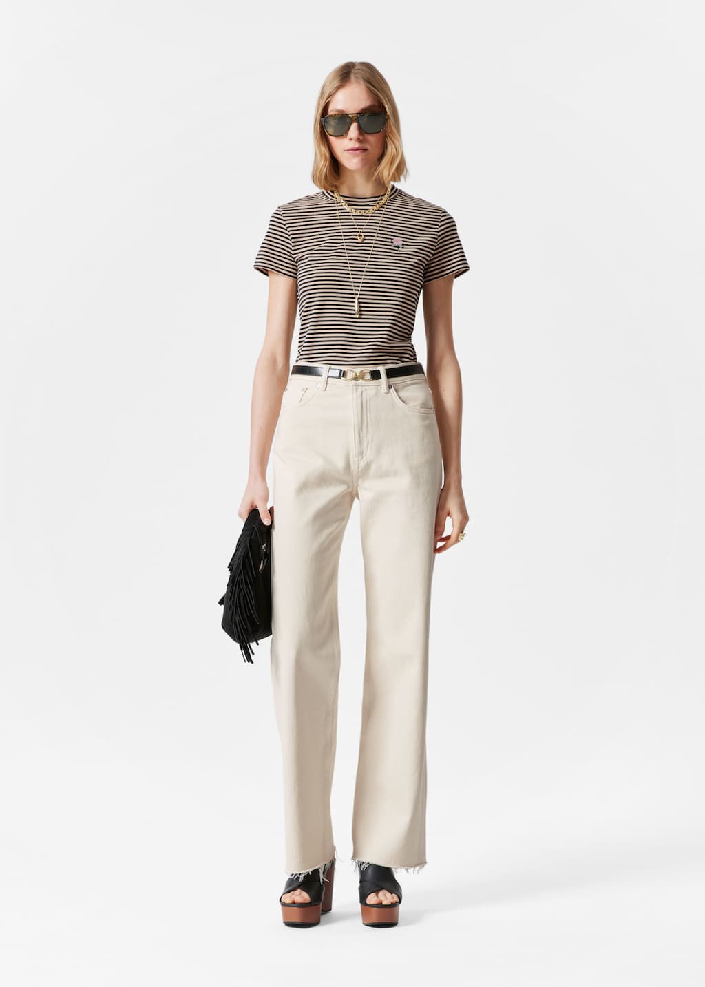 Camiseta bordada - Rayas beige/negras - Lookbook