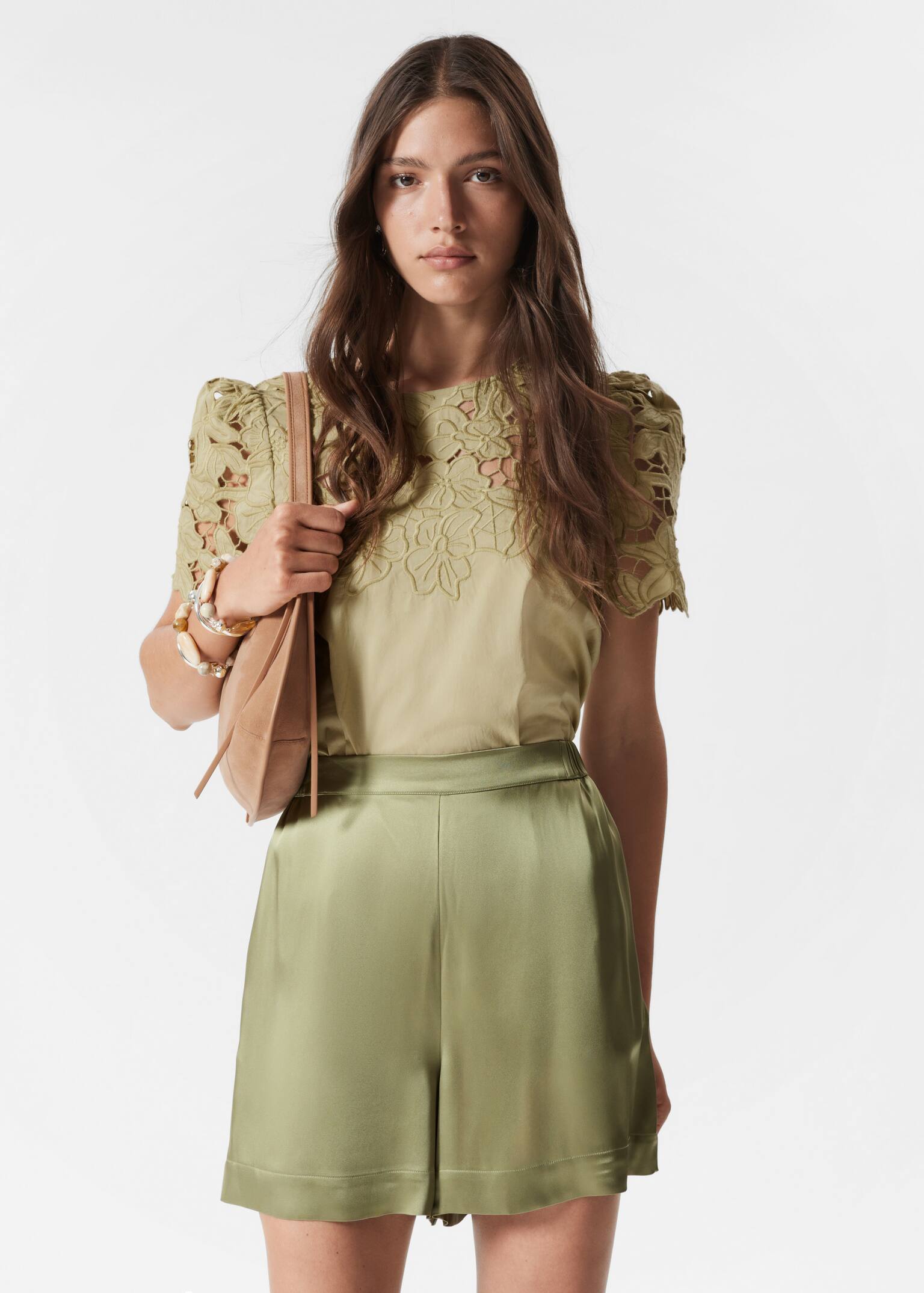 Σατέν Σορτς με Λάστιχο - Ανοιχτό Πράσινο/Σκούρο Καφέ/Σκούρο Ροζ - 5