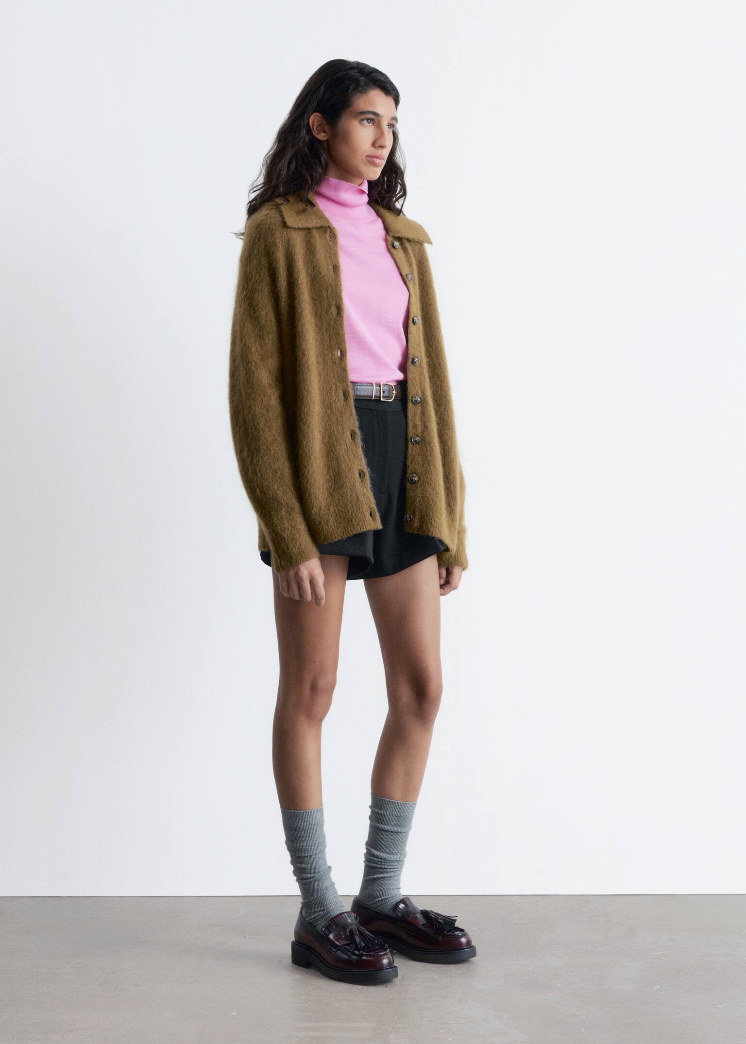 Cardigan oversize en maille brossée - Brun vert olive - 4