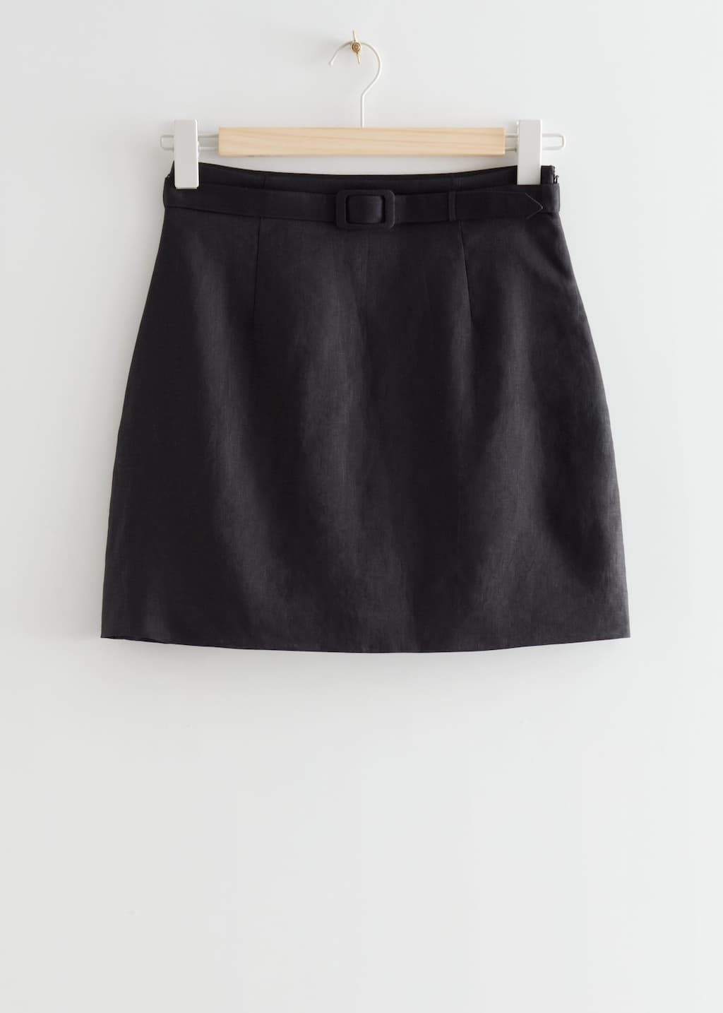Belted Linen Mini Skirt - Black - Bodegón