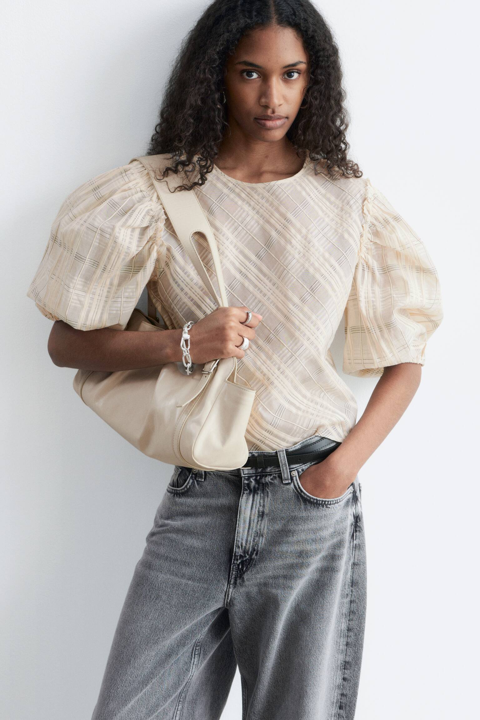 Bluză din Jacquard cu Mâneci Bufante - Bej/Tartan/Galben - 8