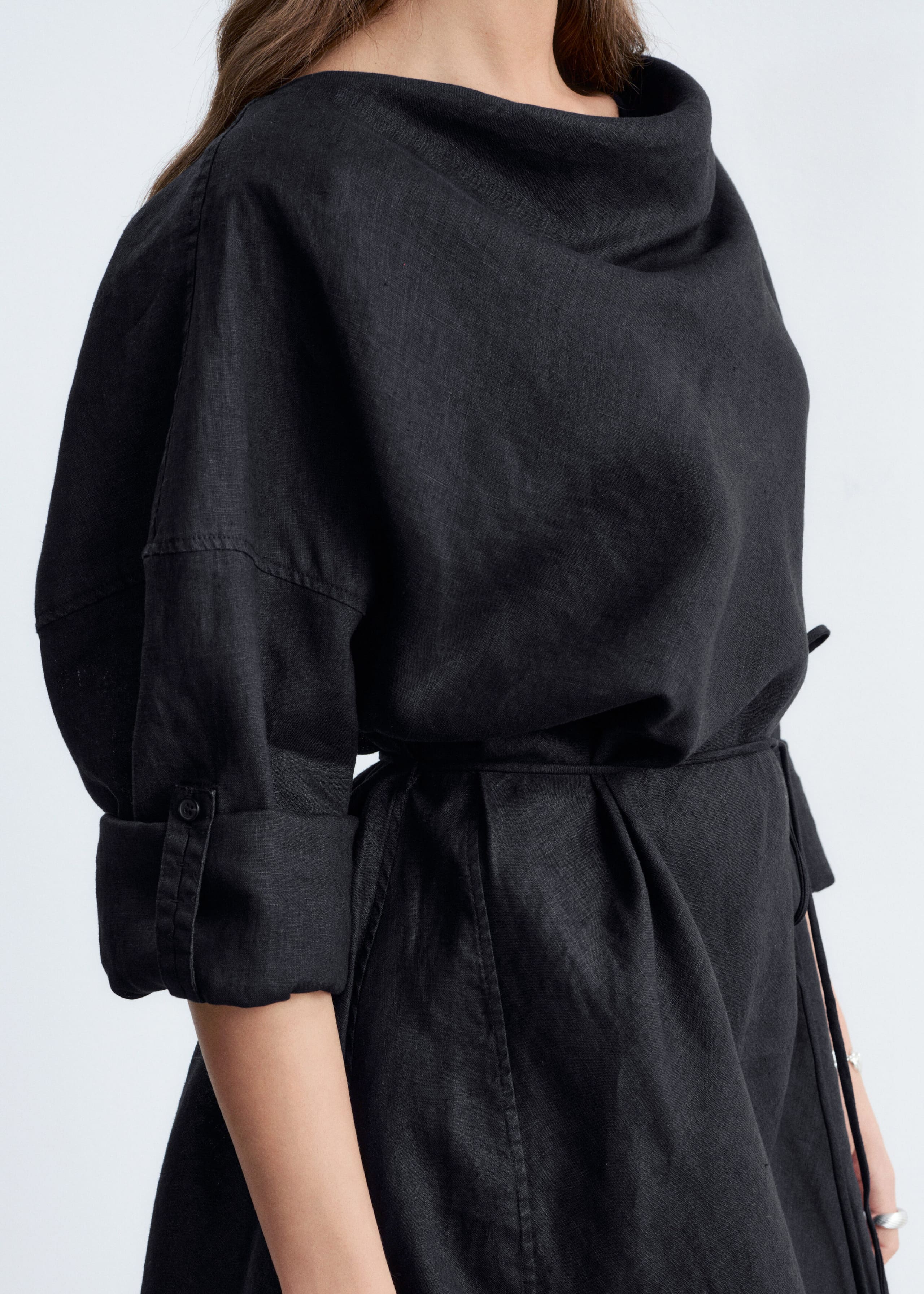 Cowl-Neck Linen Midi Dress - Black - Lookbook