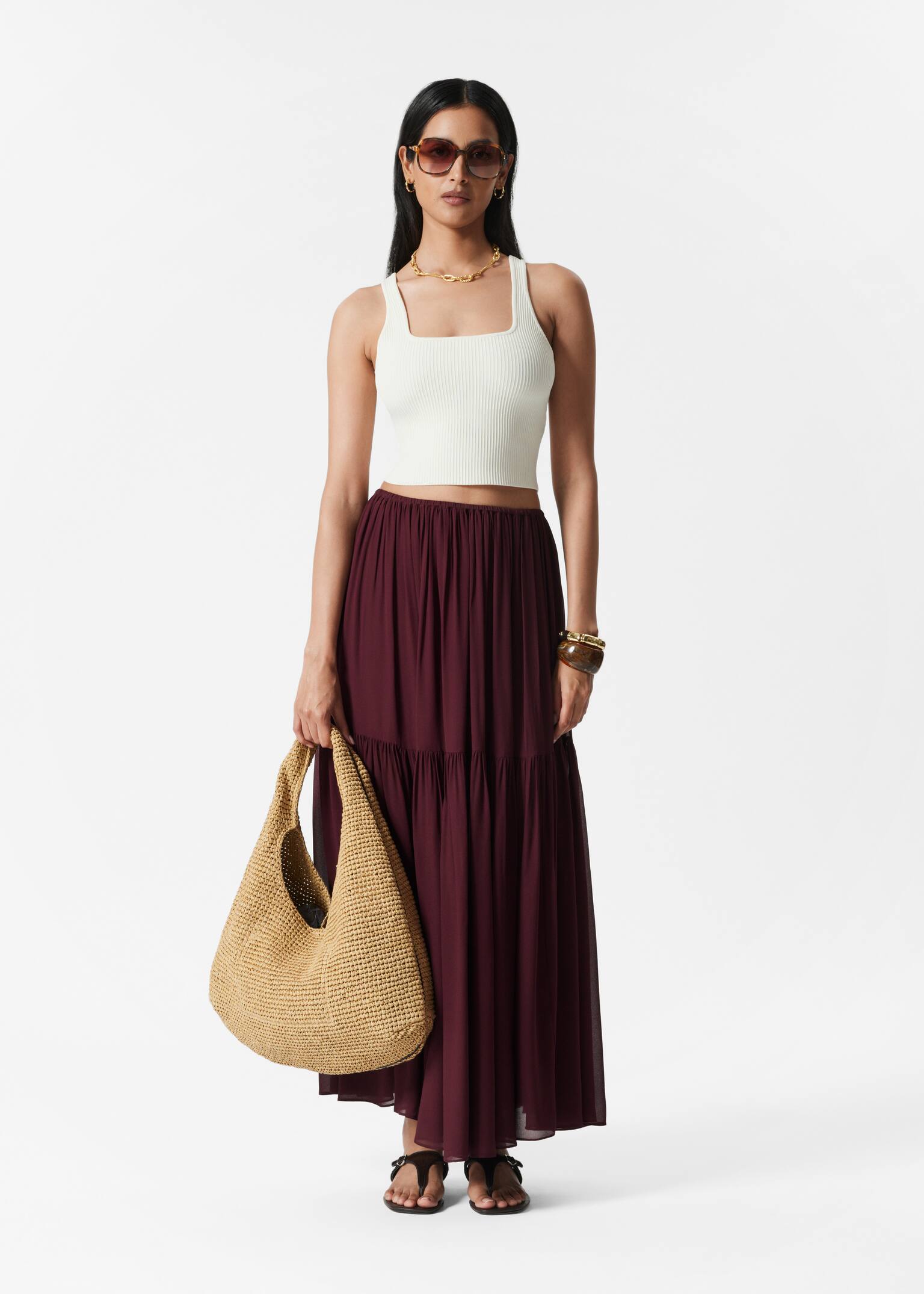 Chiffon Tiered Maxi Skirt - Dark Red